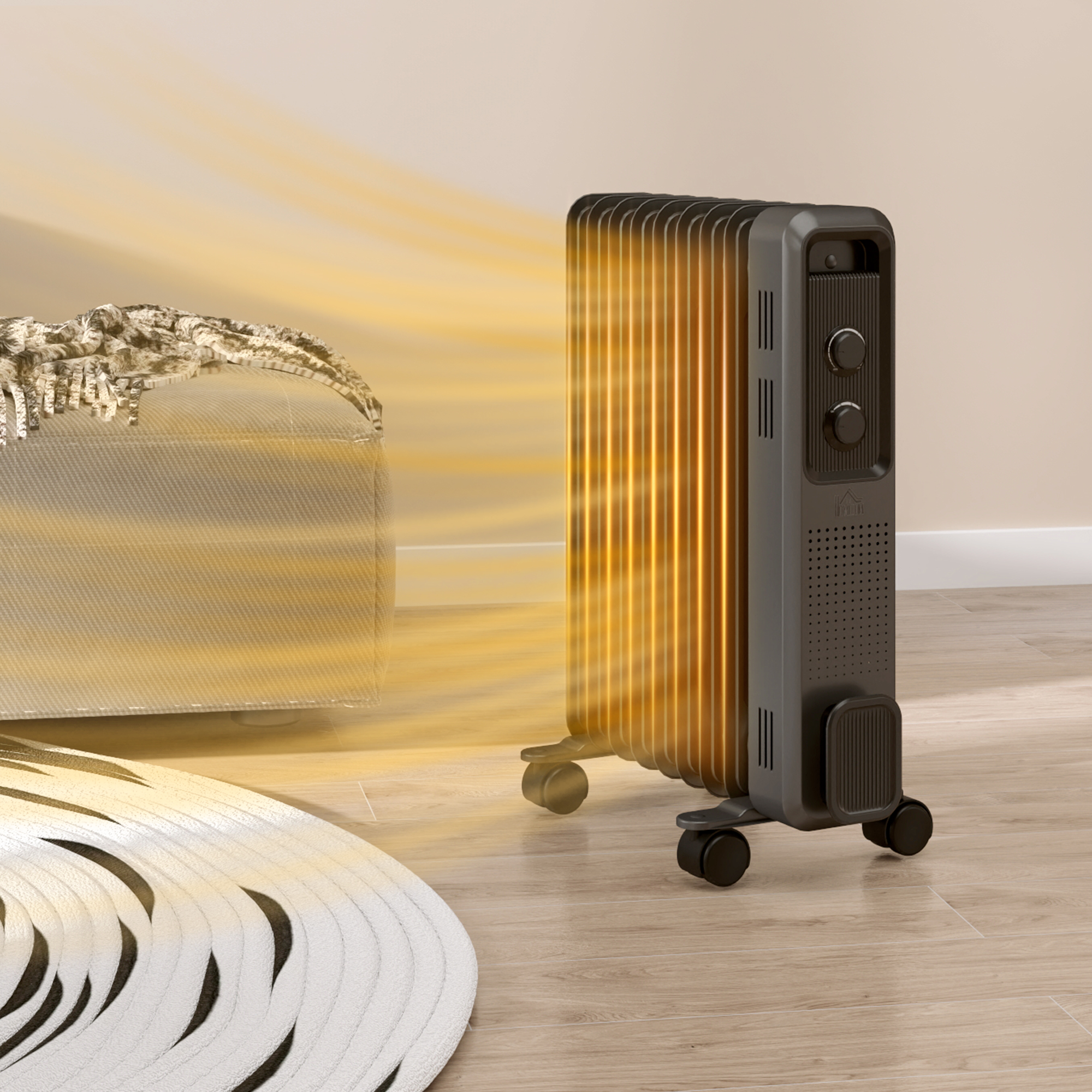 HOMCOM 2000W Oil Filled Radiator, 9 Fin, Portable Electric Heater with 3 Heat Settings, Safety Cut-Off and Wheels, Grey 2