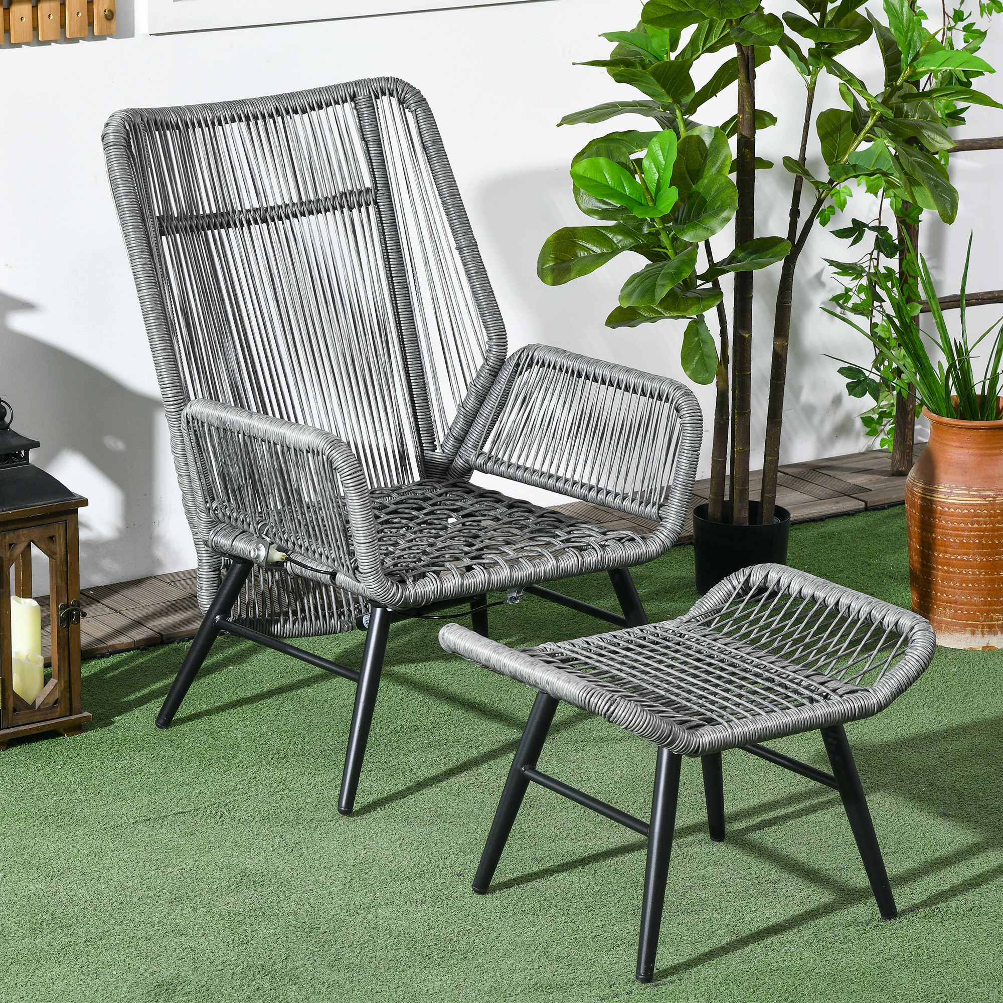 Outsunny String Rattan Armchair and Footstool Set, with Cushions Grey 7