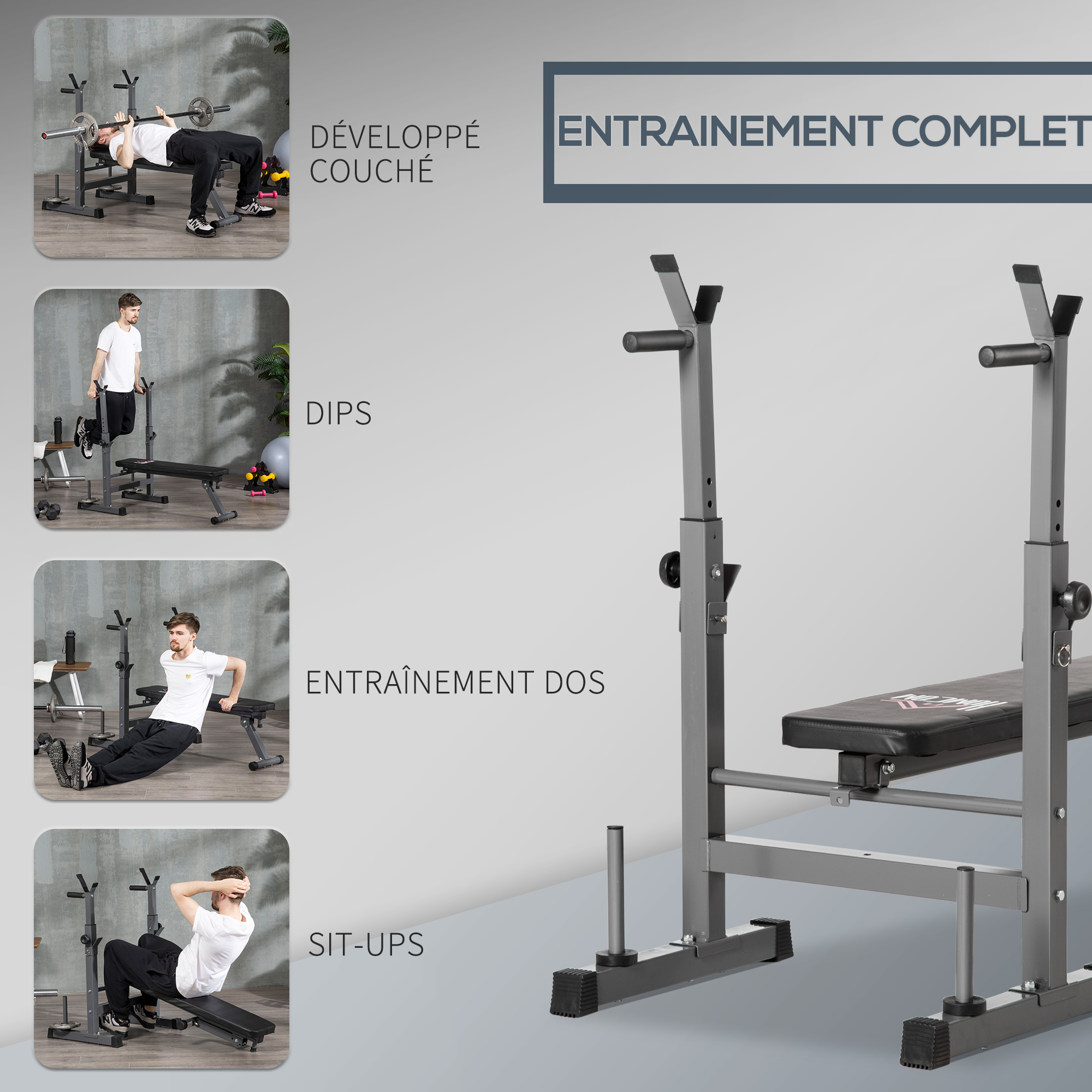 Banc De Musculation HOMCOM Pliable – Support Haltères 8 Positions, Poignées Dips, 150 Kg Max