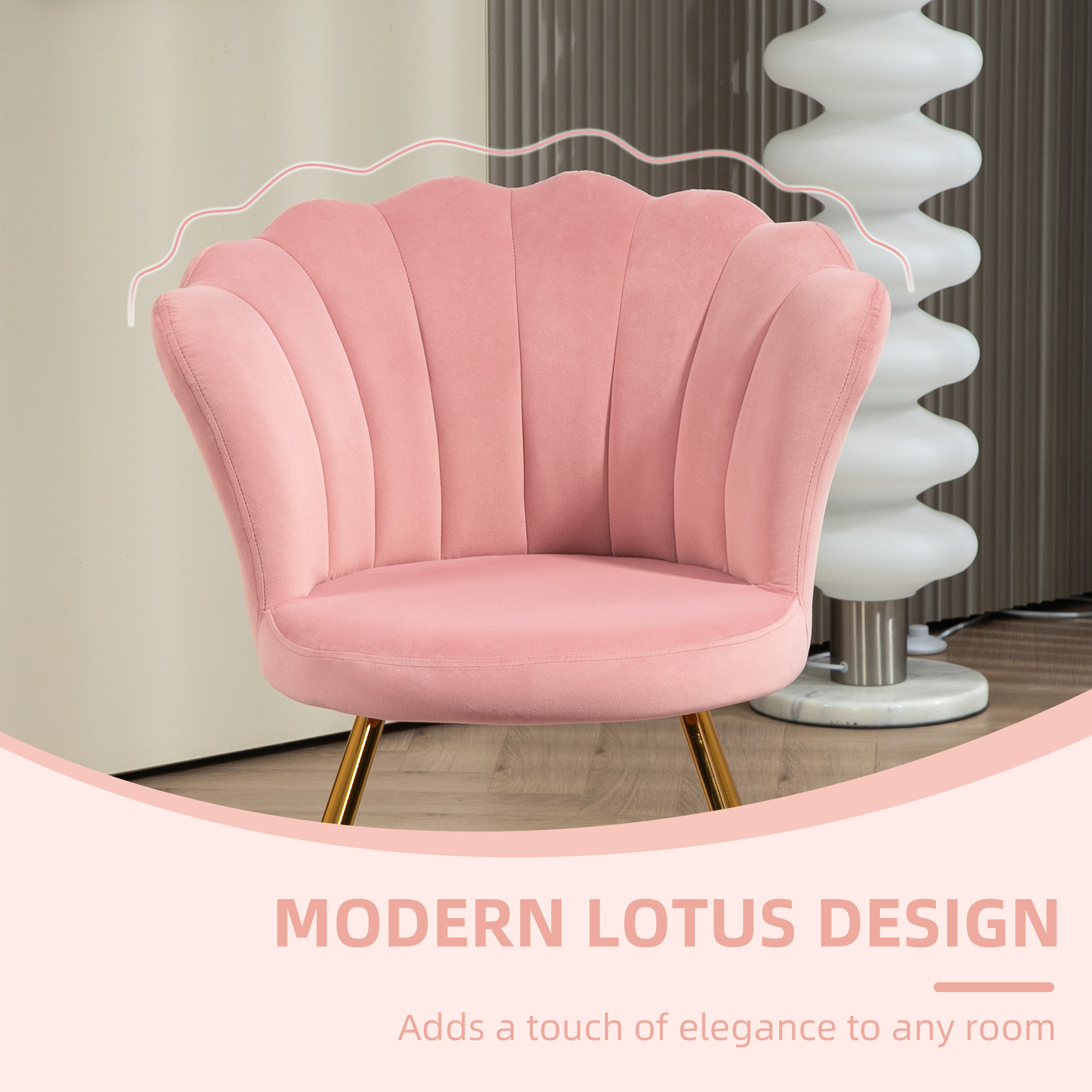 HOMCOM Velvet-Feel Lotus Petal Accent Chair Pink 6