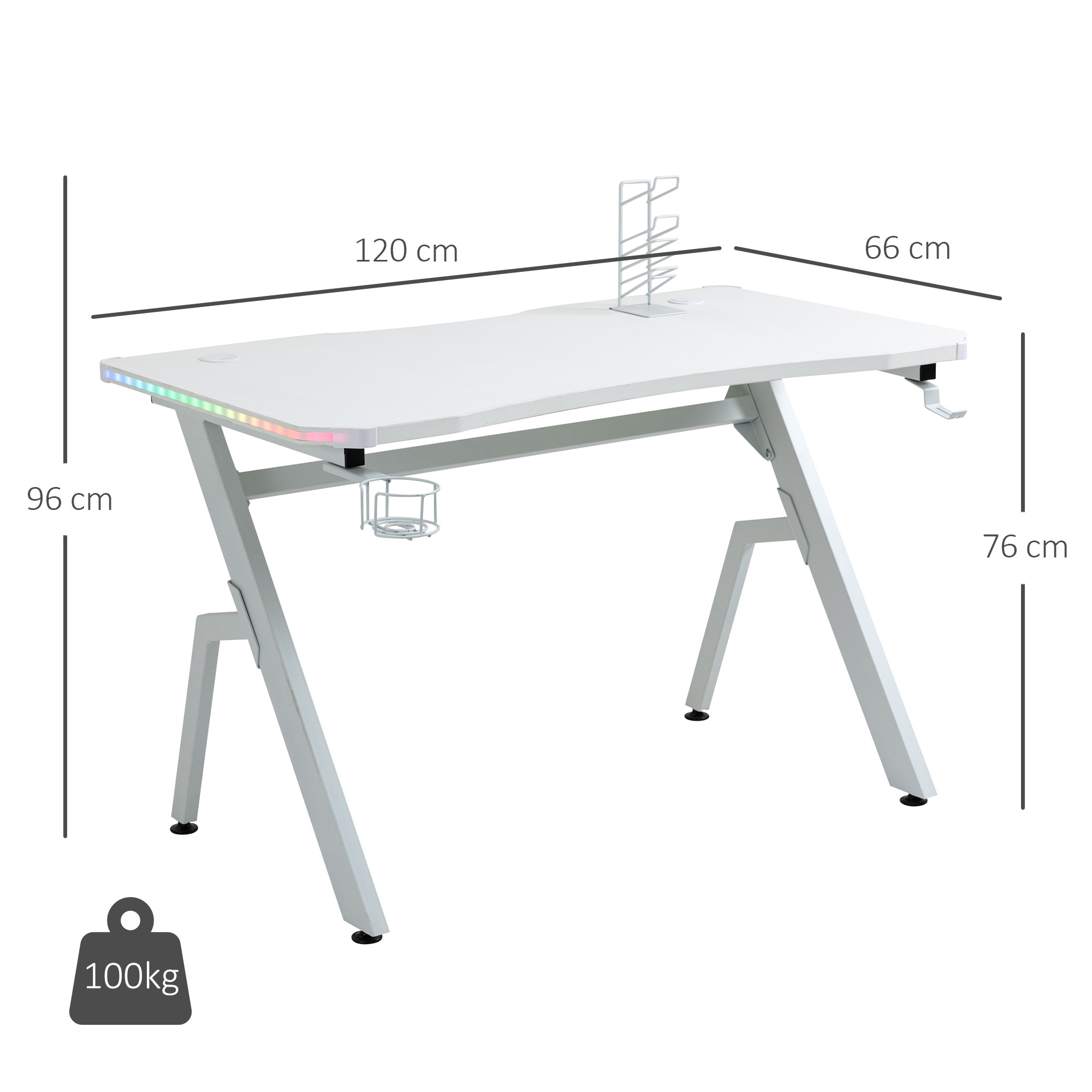 HOMCOM RGB 120 x 66cm Gaming Desk, Computer Table with Carbon Fibre Surface, Headphone Hook, Cup Holder, Controller Rack, Home Office Desk, White 3