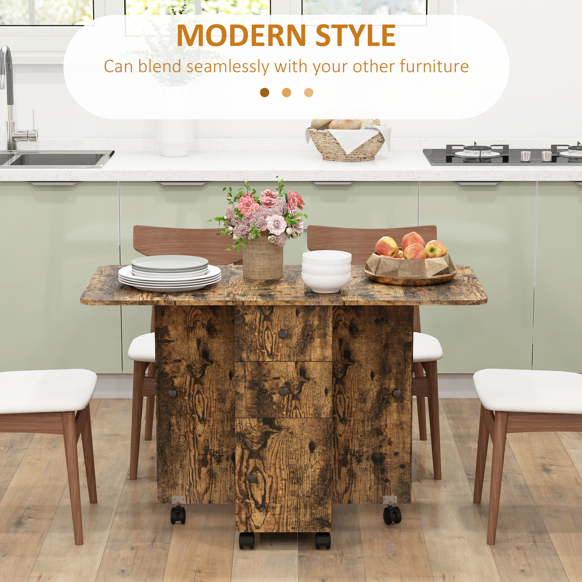 HOMCOM Multi-Storage Six-Person Drop Leaf Dining Table Rustic Brown 4