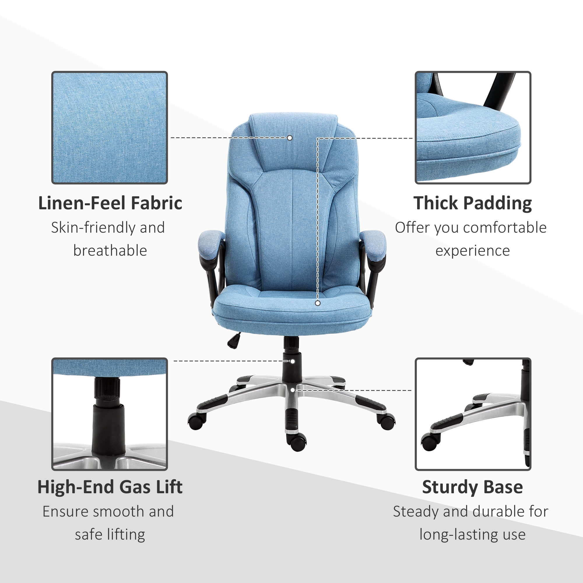 Vinsetto Office Chair, Linen Fabric Desk Chair, Height Adjustable Computer Chair with Padded Armrests, Swivel Wheels and Tilt Function, Blue 7