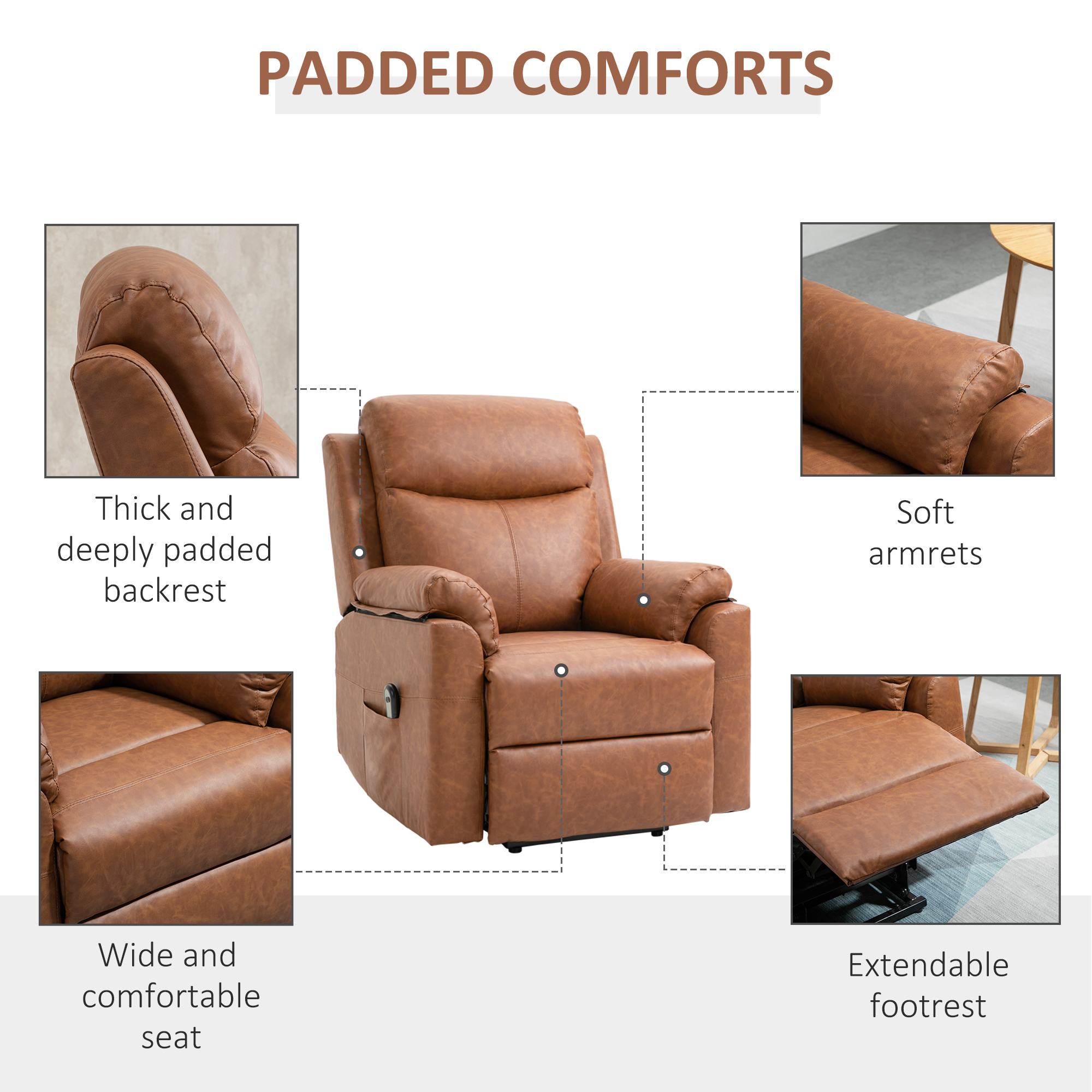 HOMCOM Faux Leather 70° Electric Riser Recliner Chair Brown 6