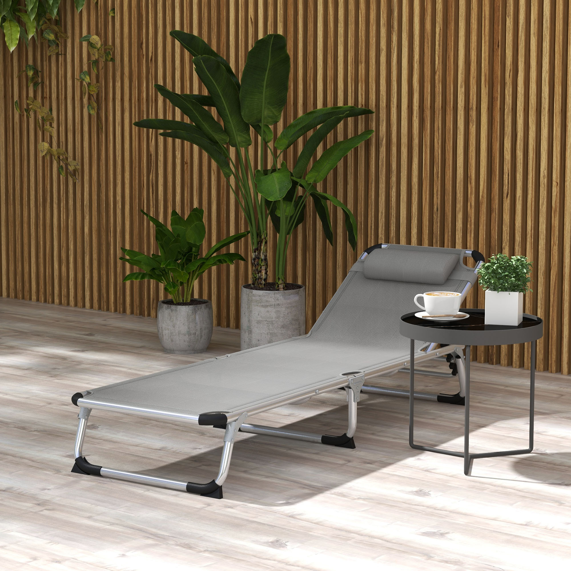 Outsunny Foldable Reclining Sun Lounger Lounge Chair Camping Bed Cot w/ Pillow 4-Level Adjustable Back Aluminium Frame Grey 2