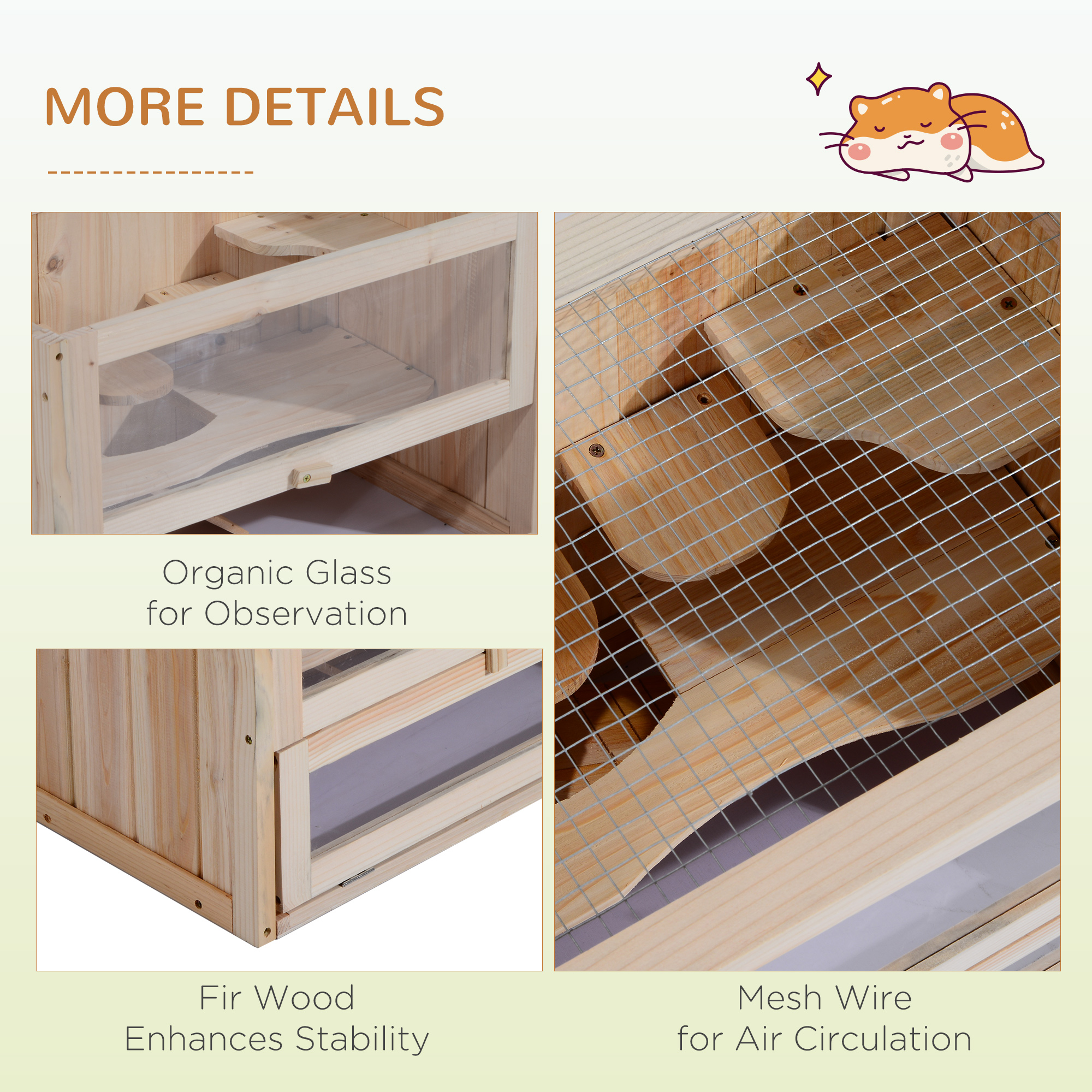 PawHut Wooden Hamster Cage Mouse Mice Rodent Small Animals Hutch Exercise Play House 60 x 35 x 42cm, Natural Wood Finish 6