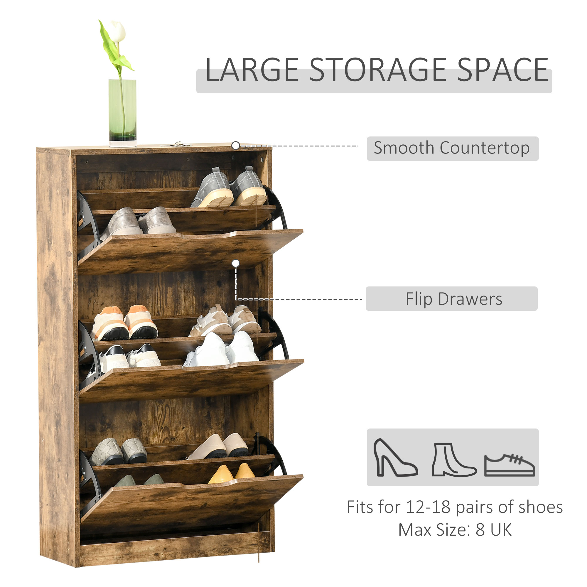 HOMCOM Industrial Shoe Cabinet with 3 Flip Drawers, Narrow Shoe Storage Cabinet for 18 Pairs, Freestanding Slim Shoe Storage Organiser for Entryway, Hallway, Rustic Brown 4