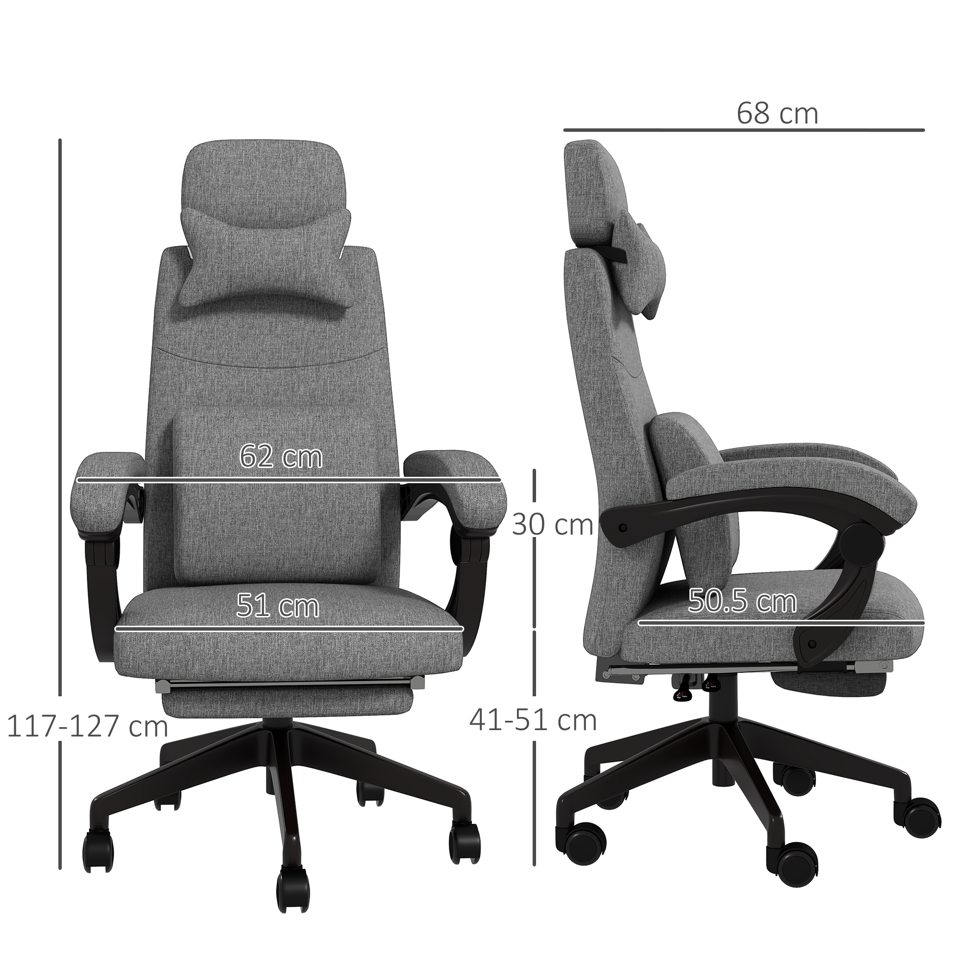 Vinsetto Linen-Look Office Chair, with 160° Reclining Back and Footrest Grey 3