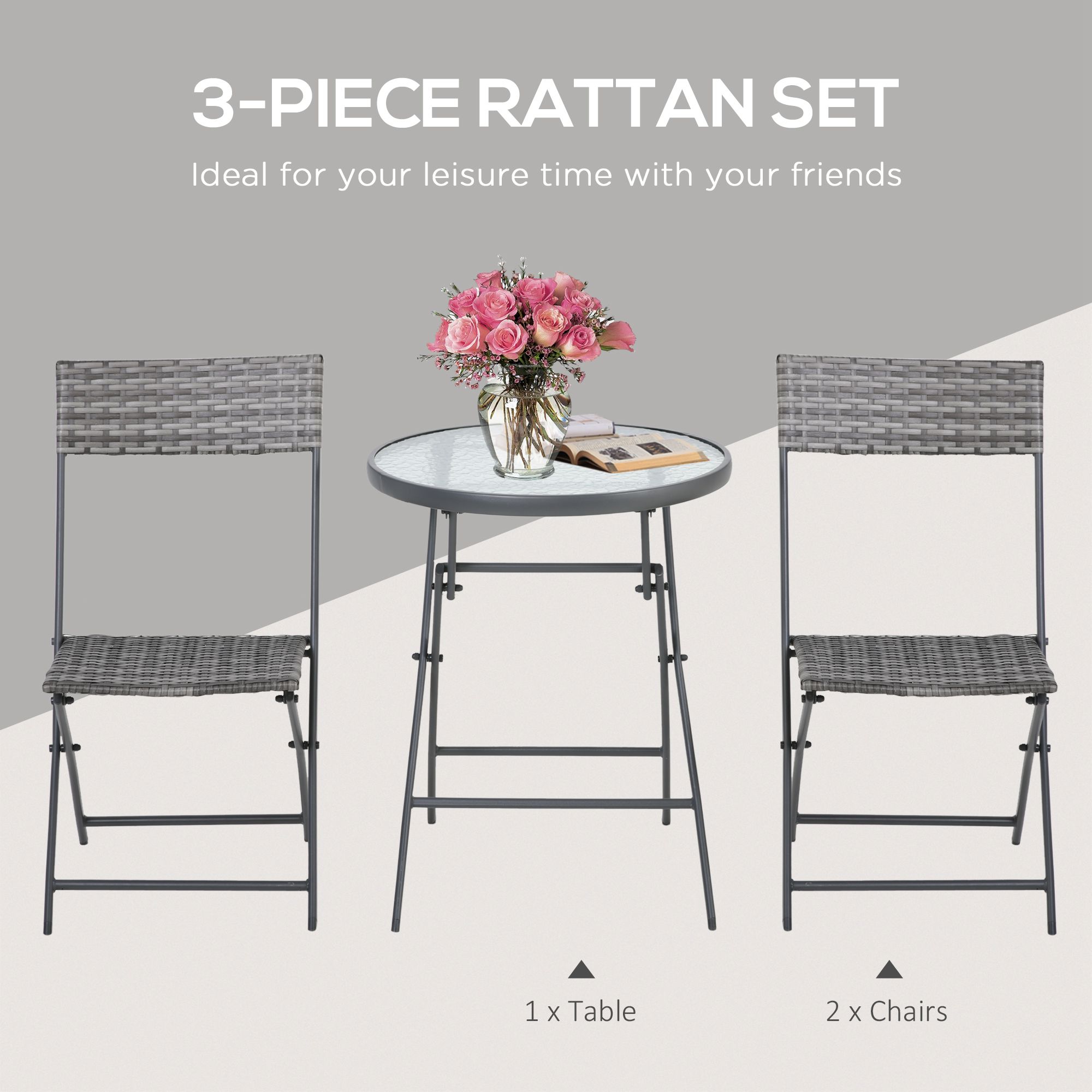 Outsunny 3 Pieces Rattan Bistro Set, Wicker Folding Garden Furniture Set with Glass Top Coffee Table and Chairs for Outdoor, Patio, Balcony, Grey 4