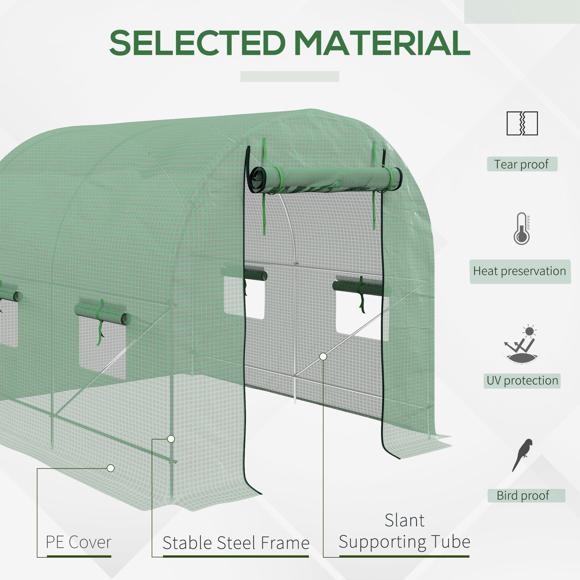 Outsunny Walk-In Garden Polytunnel Greenhouse with Steel Frame, PE Cover, Roll-Up Door and 4 Windows, 2.5 x 2m, Green 4