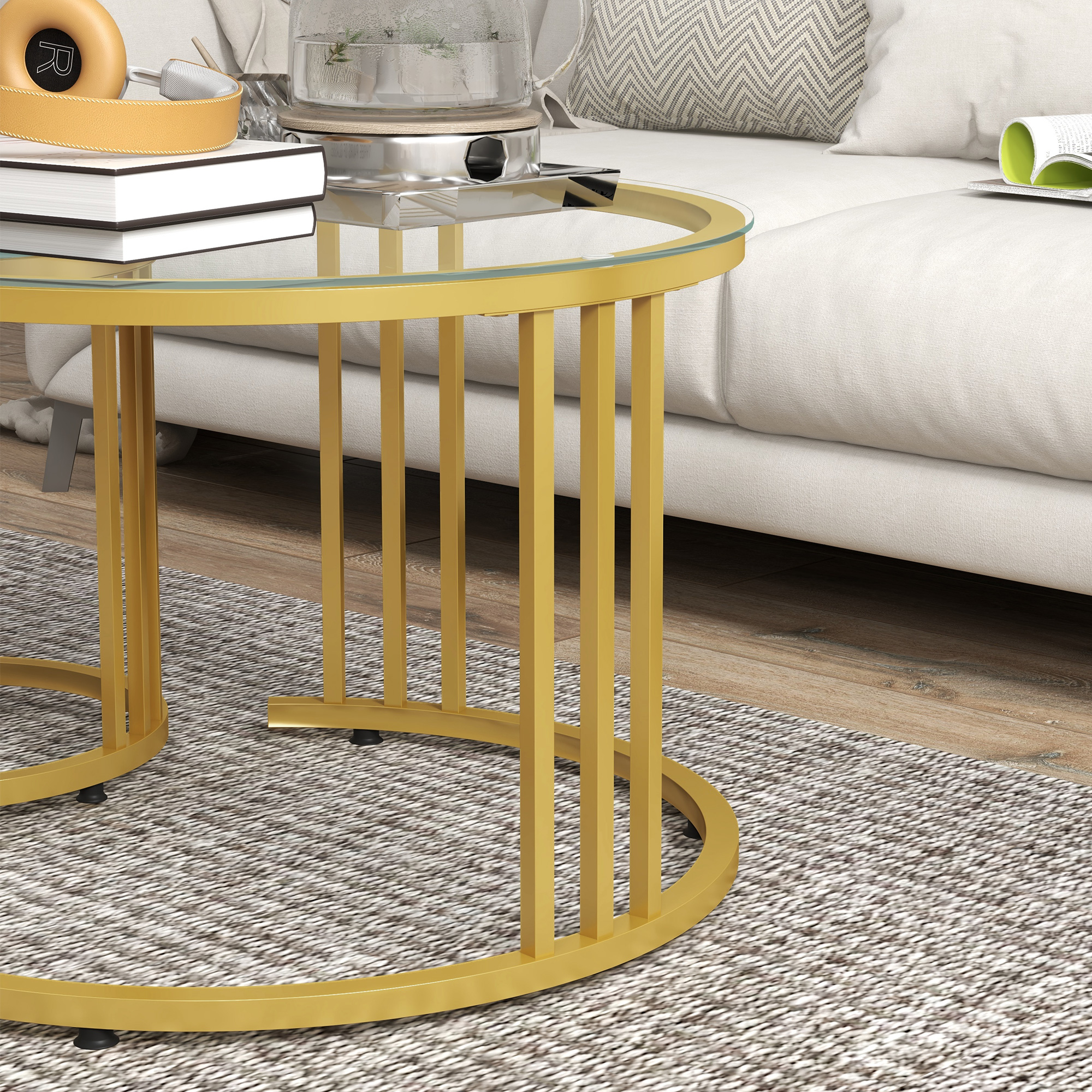 HOMCOM Round Coffee Tables Set of 2, Nesting Tables with Tempered Glass Top and Steel Frame, 60cmx60cmx47cm, Gold Tone 9