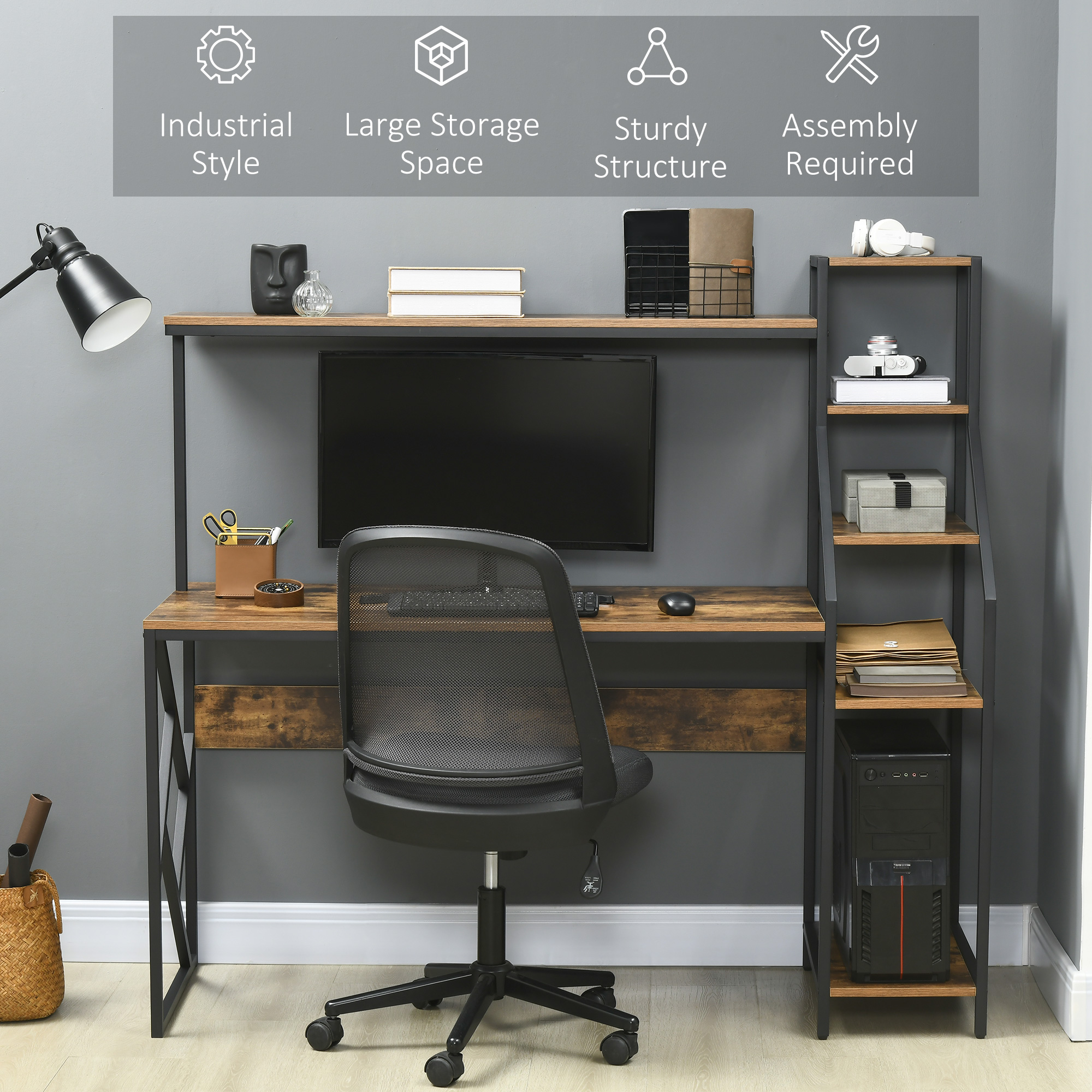 HOMCOM Computer Desk with Bookshelf, Industrial Writing Table with 6 Tier Storage Shelves for Home Office, Bedroom, Study, 150 x 55 x 138cm, Rustic Brown 6