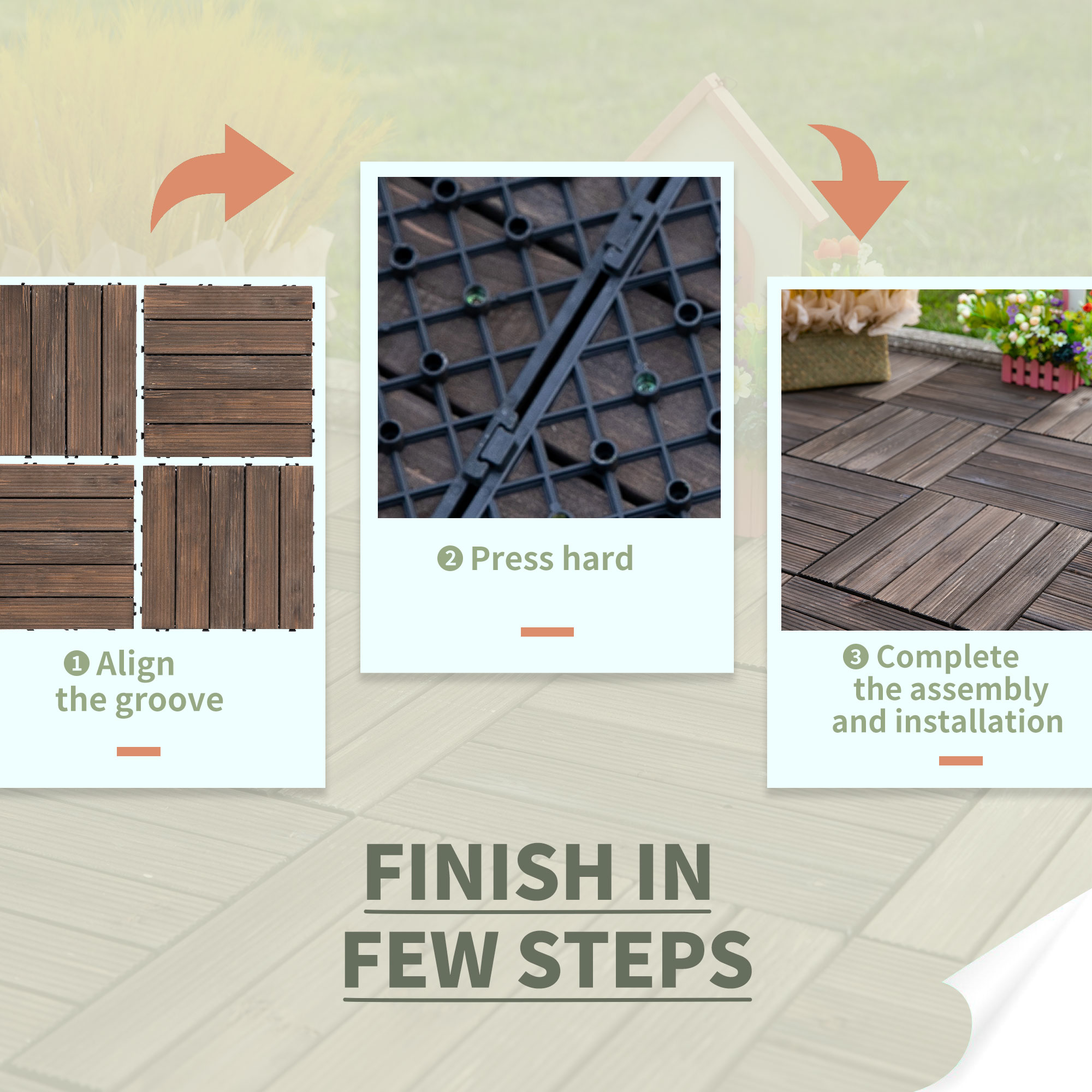 Outsunny 27 Pcs Solid Wood Interlocking Decking Tiles For Patio, Balcony, Roof Terrace, Hot Tub, Black, (30 x 30 cm Per Piece) 6