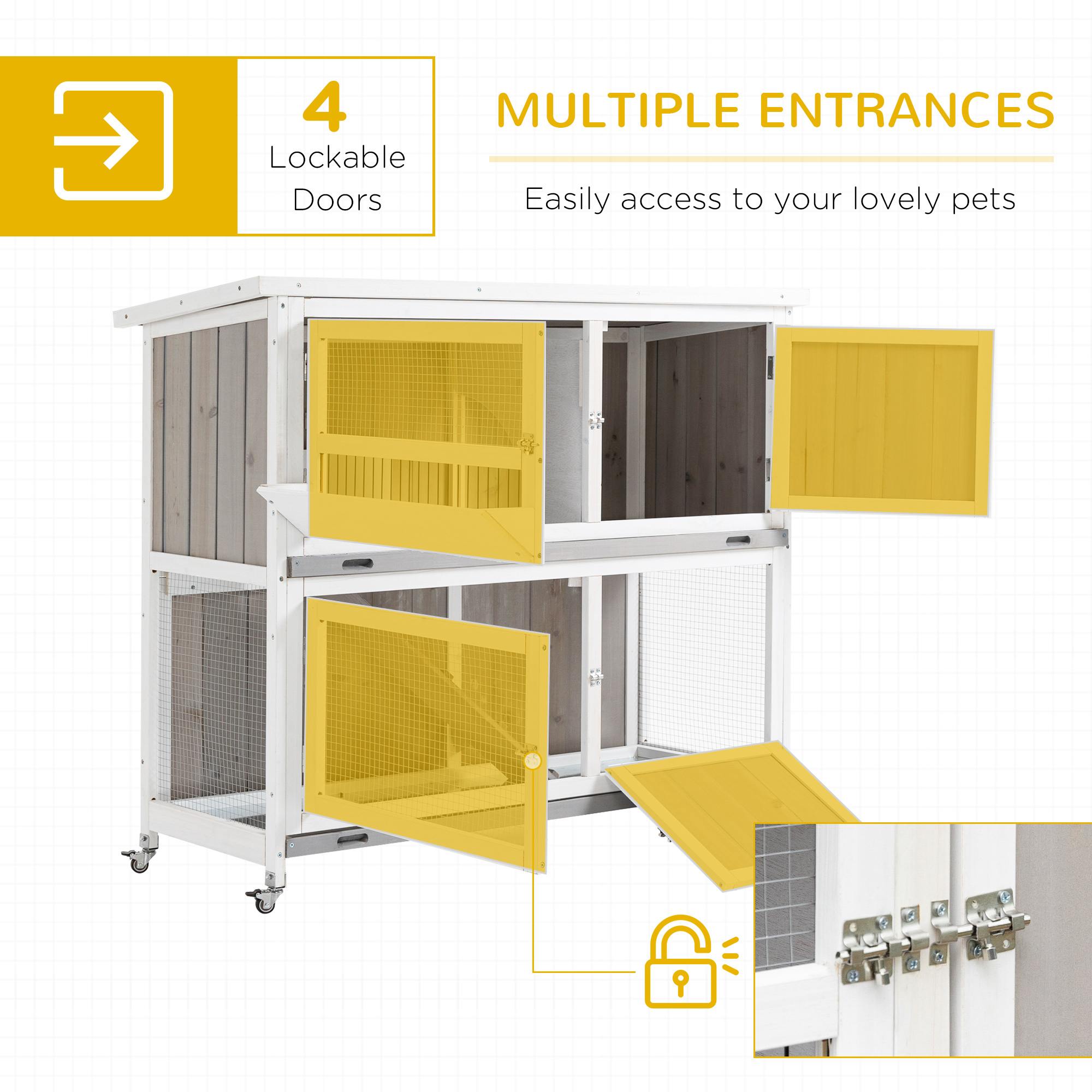 PawHut Wooden Pet Hutch, Two-Tier Cage with Rain Cover, Wheels, White 6