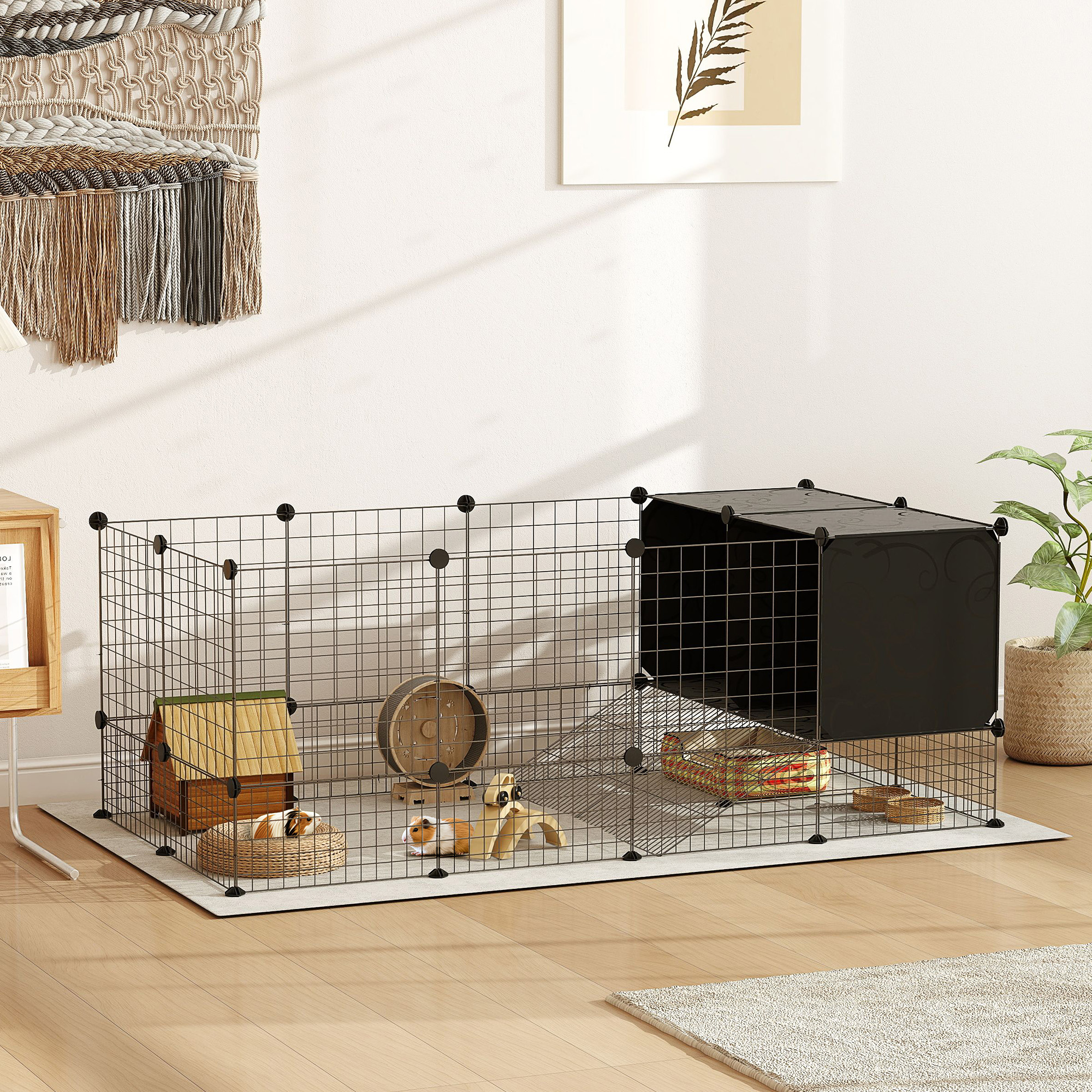 PawHut Steel Wire Cat Cage Indoor with Hammock, Ramps, Doors, DIY Cat Enclosure for 1-3 Cats, Black