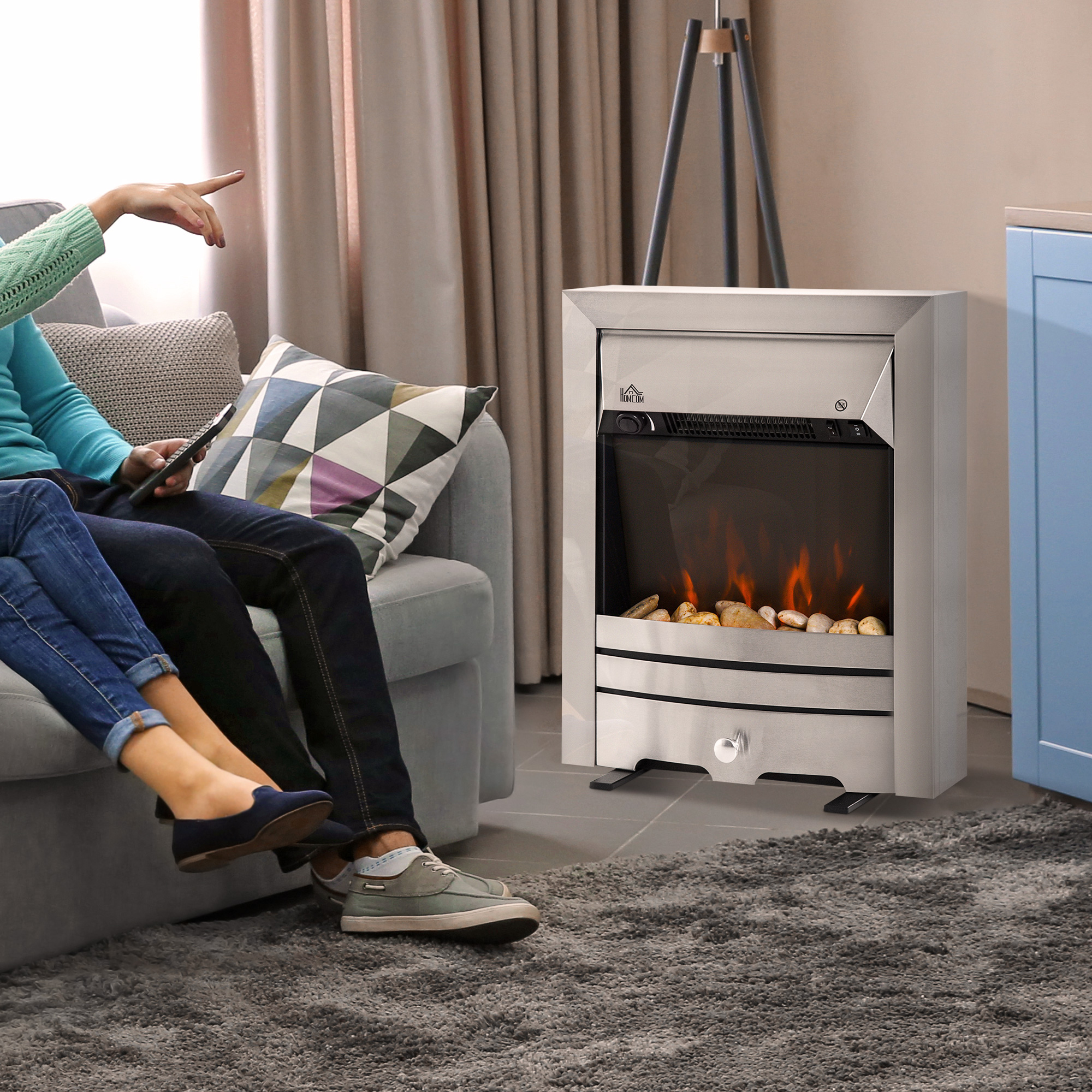 HOMCOM 2KW Stainless Steel Electric Fireplace Pebble Burning Effect Heater Fire Flame Indoor Stove LED Lighting 7