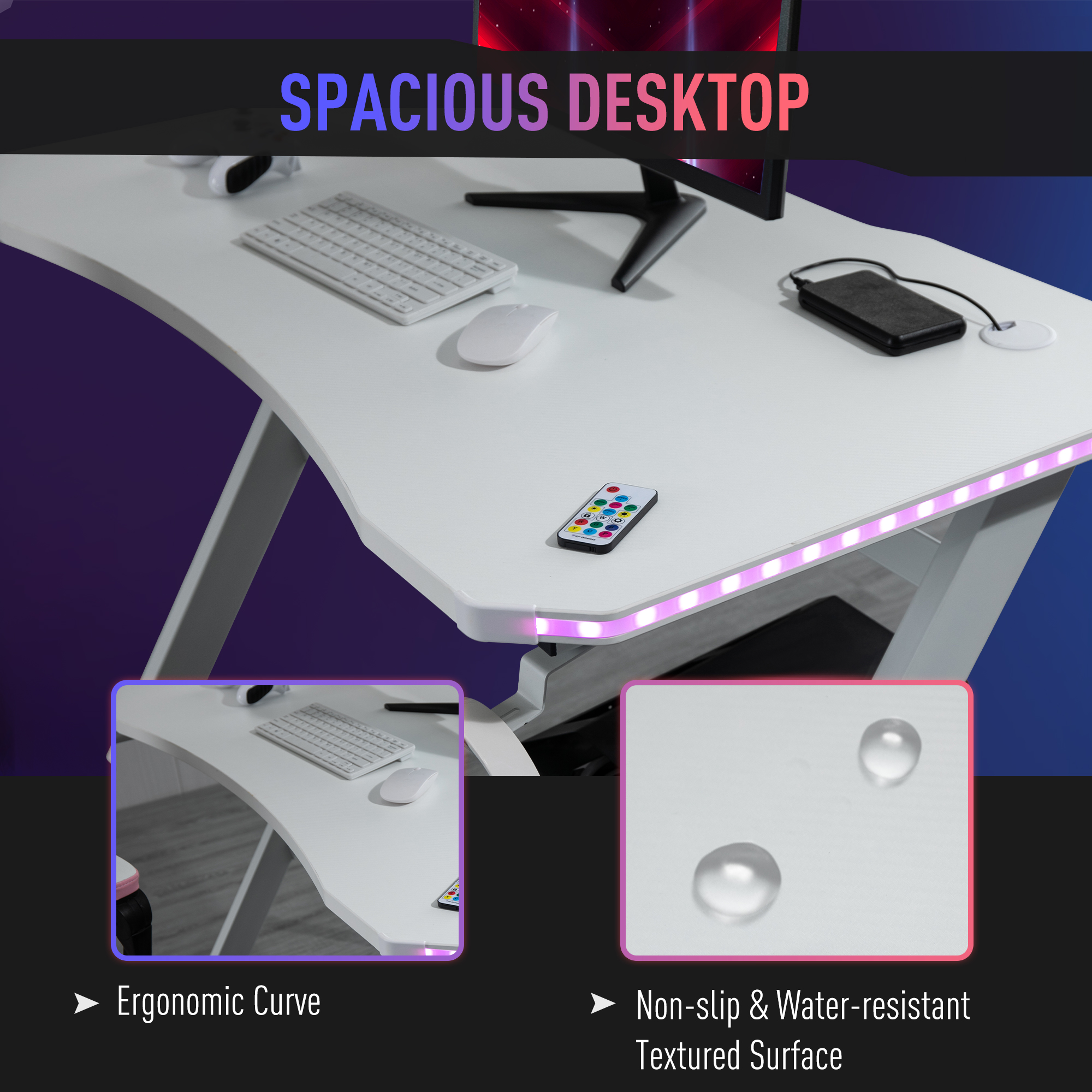 HOMCOM RGB 120 x 66cm Gaming Desk, Computer Table with Carbon Fibre Surface, Headphone Hook, Cup Holder, Controller Rack, Home Office Desk, White 7