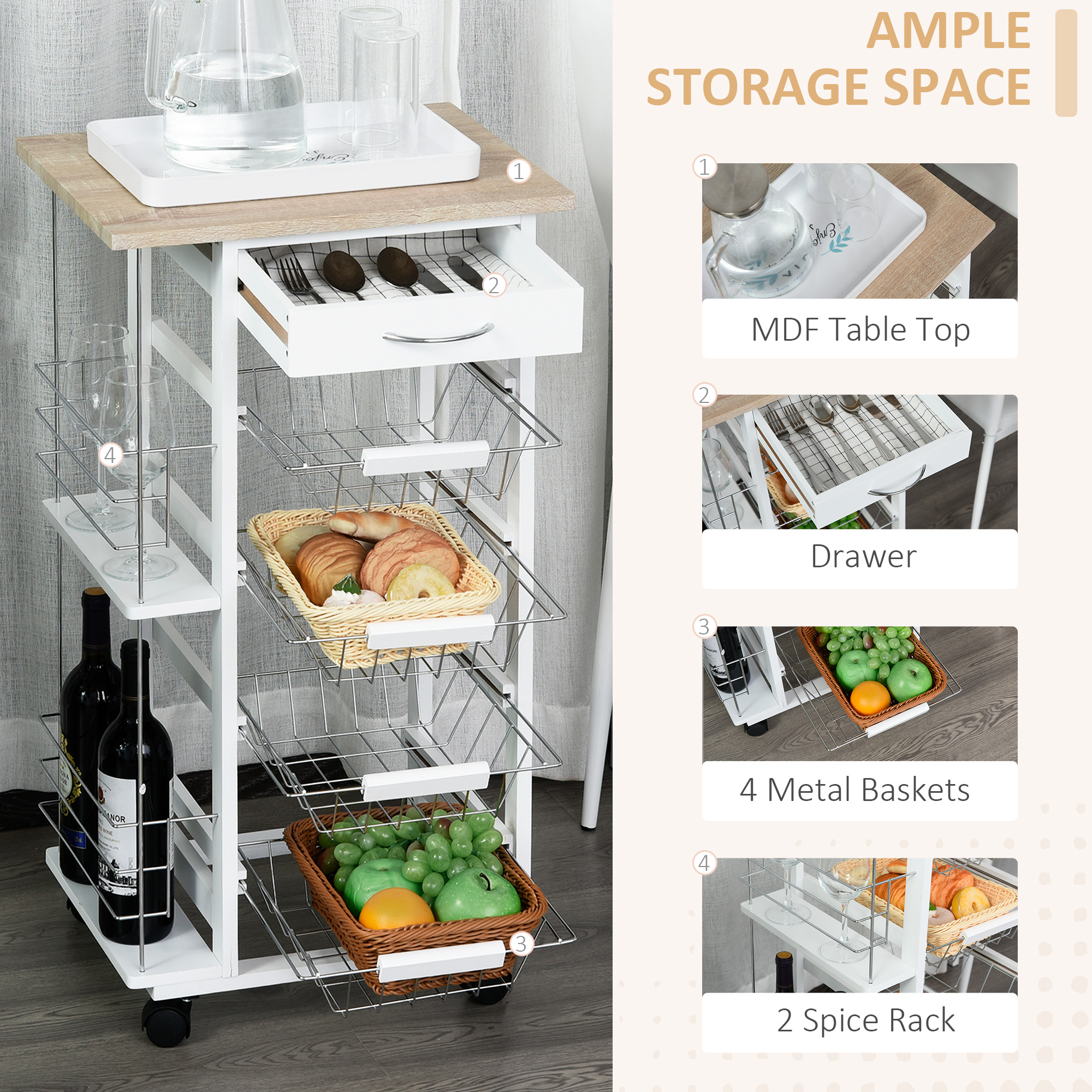 HOMCOM Rolling Kitchen Cart, Utility Storage Cart with 4 Basket Drawers & Side Racks, Wheels for Dining Room, Natural and White 4