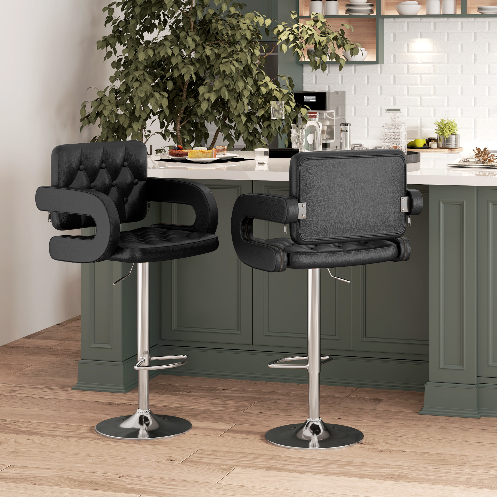 Set of 2 PU Leather Upholstered Swivel Bar Stool, Height Adjustable Barstool with Back, Armrest, Footrest for Kitchen 2