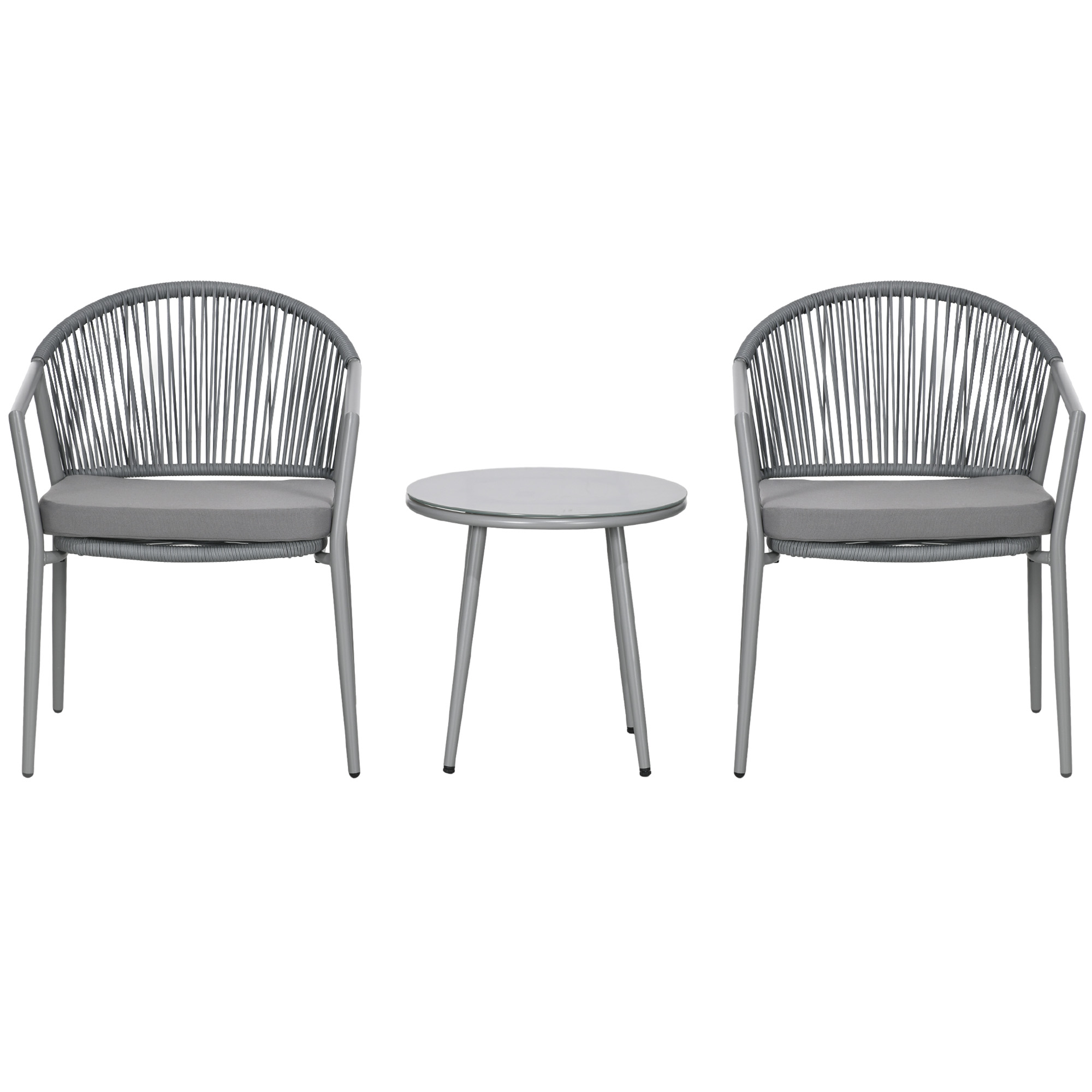 Outsunny Salon de jardin bistrot 3 pièces cadre en acier 2 fauteuils 1 table basse plateau en verre trempé coussins inclus gris