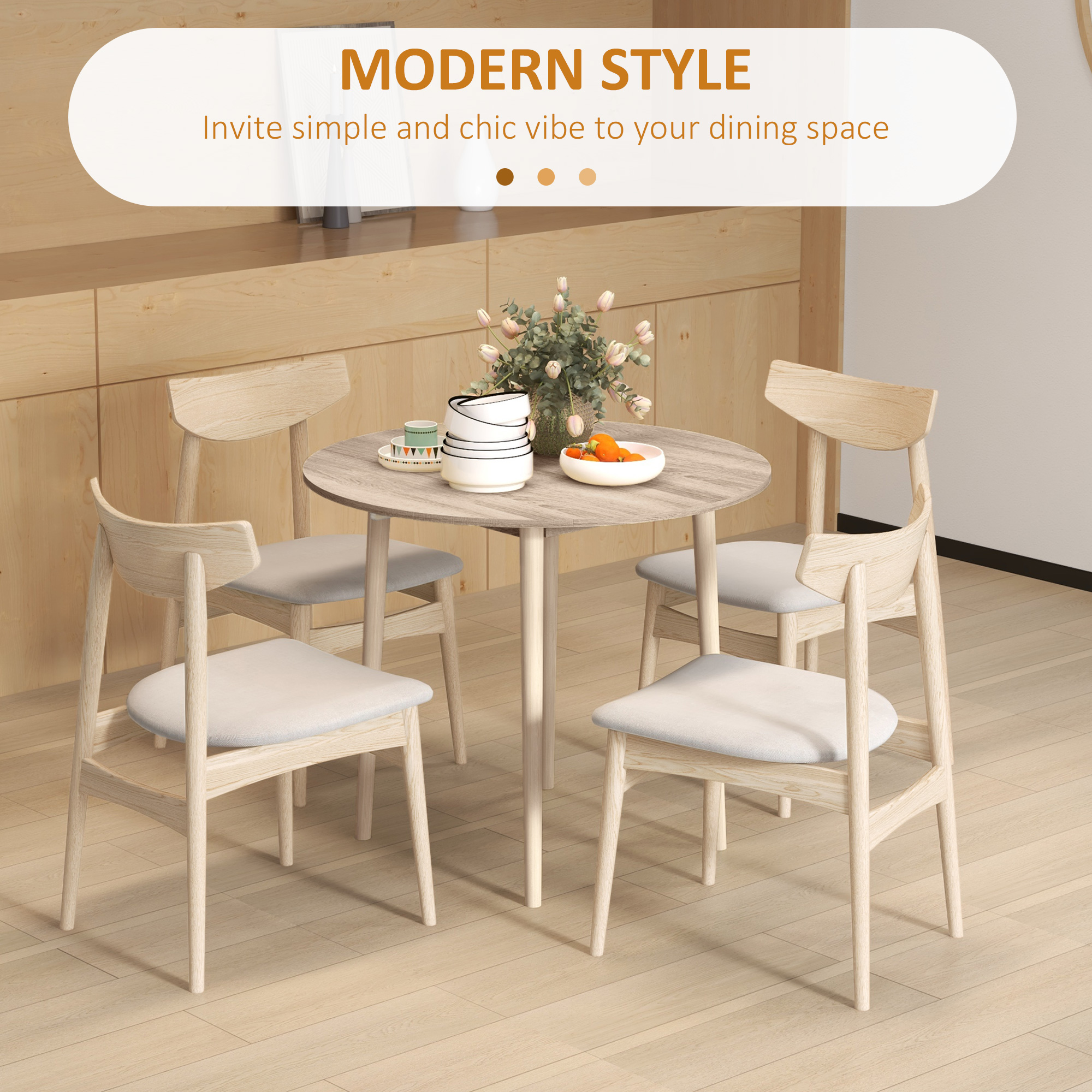HOMCOM Folding Dining Table for 4, Round Drop Leaf Table, Modern Space Saving Small Kitchen Table with Wood Legs for Dining Room, Natural 5
