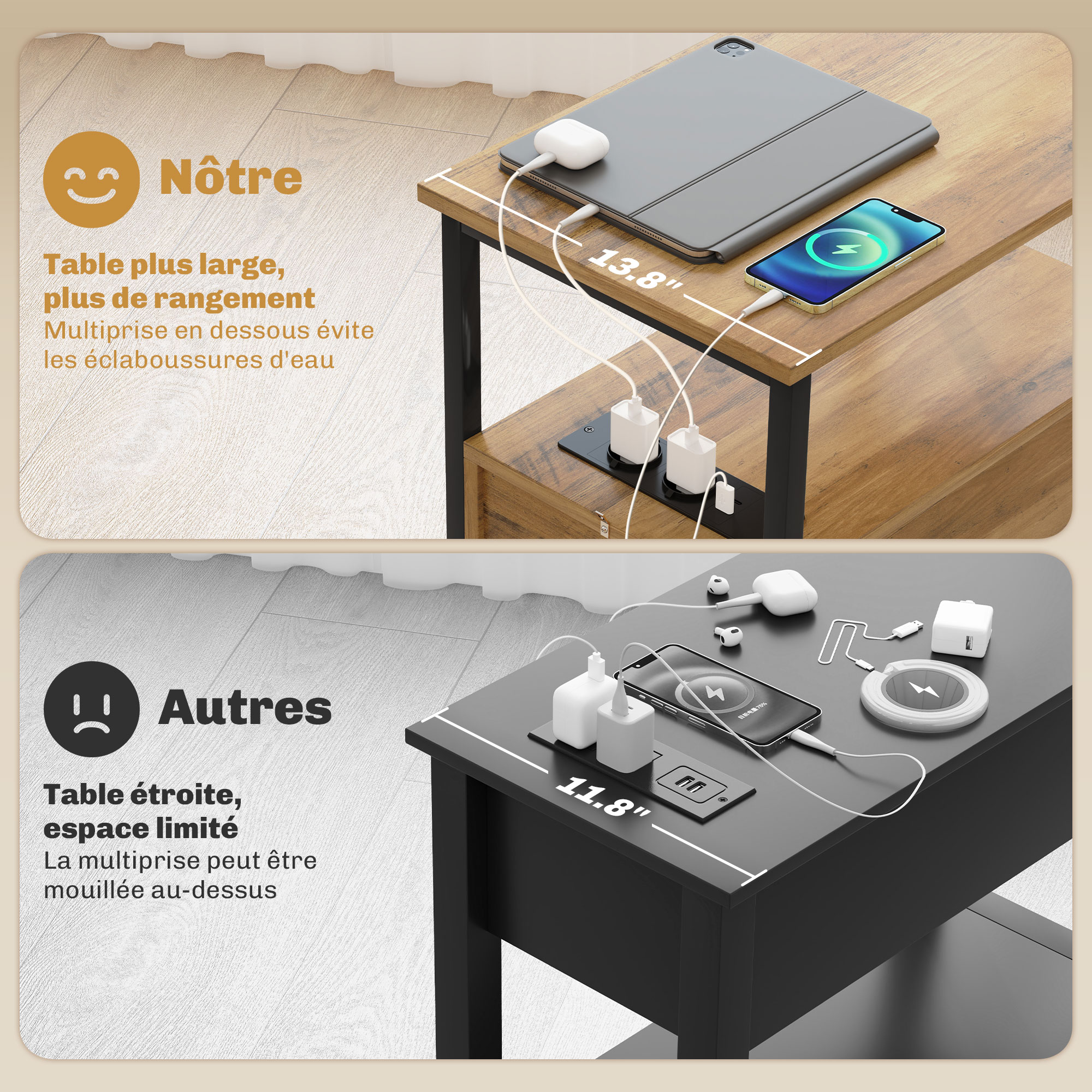 Table D'appoint HOMCOM Avec Prises USB - 2 Tiroirs Et étagère En Bois Et Métal