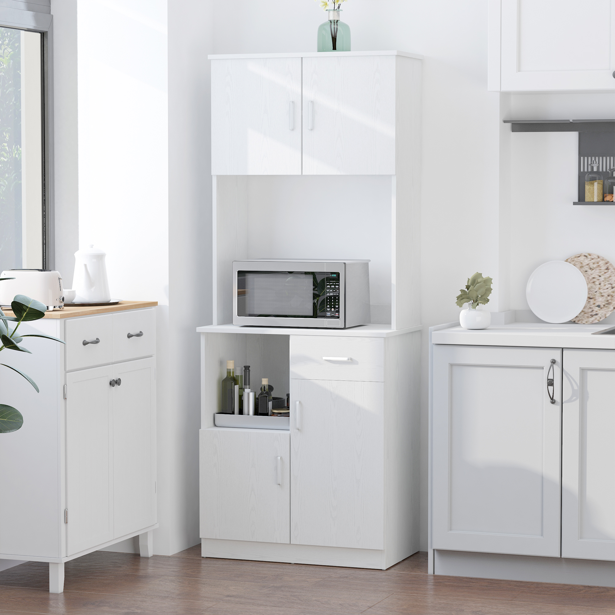 HOMCOM Tall Kitchen Cupboard, Kitchen Cabinet with Doors, Shelves, Drawer and Open Countertop, Storage Cabinet for Living Room, Dining Room, White 2