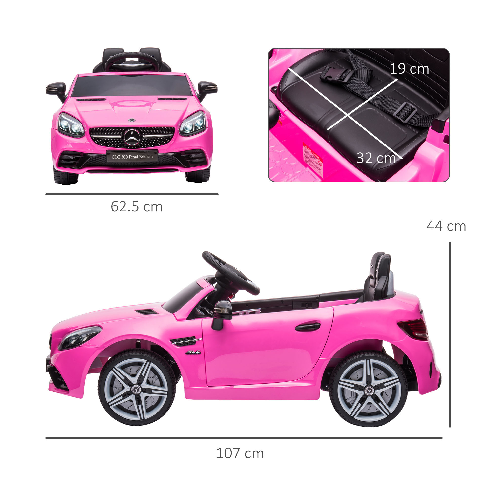 HOMCOM Benz SLC 300  Licensed 12V Kids Electric Ride On, with Music, Remote Control, LED Headlights, Horn, Pink 3