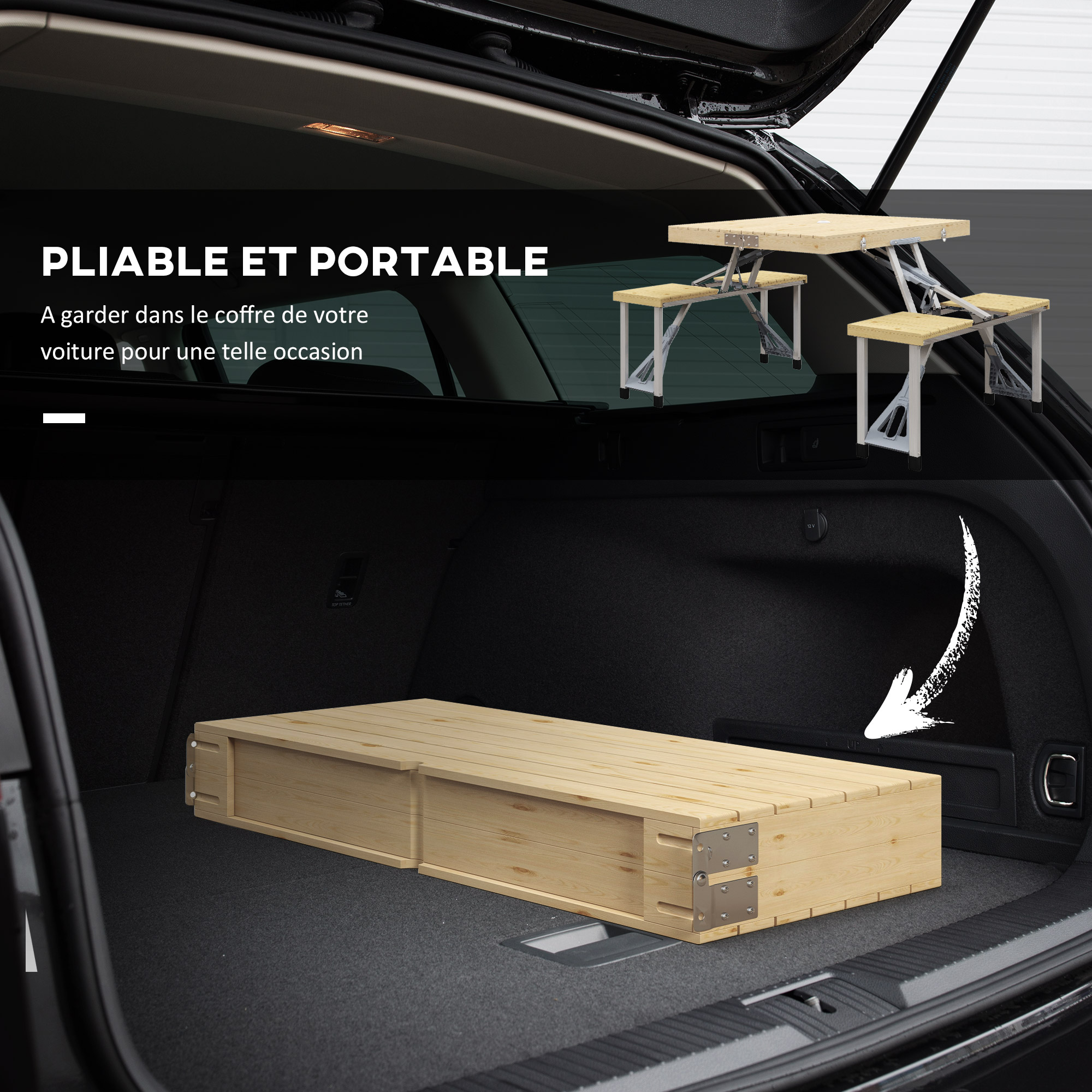 Outsunny Ensemble Table Et Chaises Camping Pliant Valise - Pique-Nique Aluminium Bois, 86x72,5x67 Cm