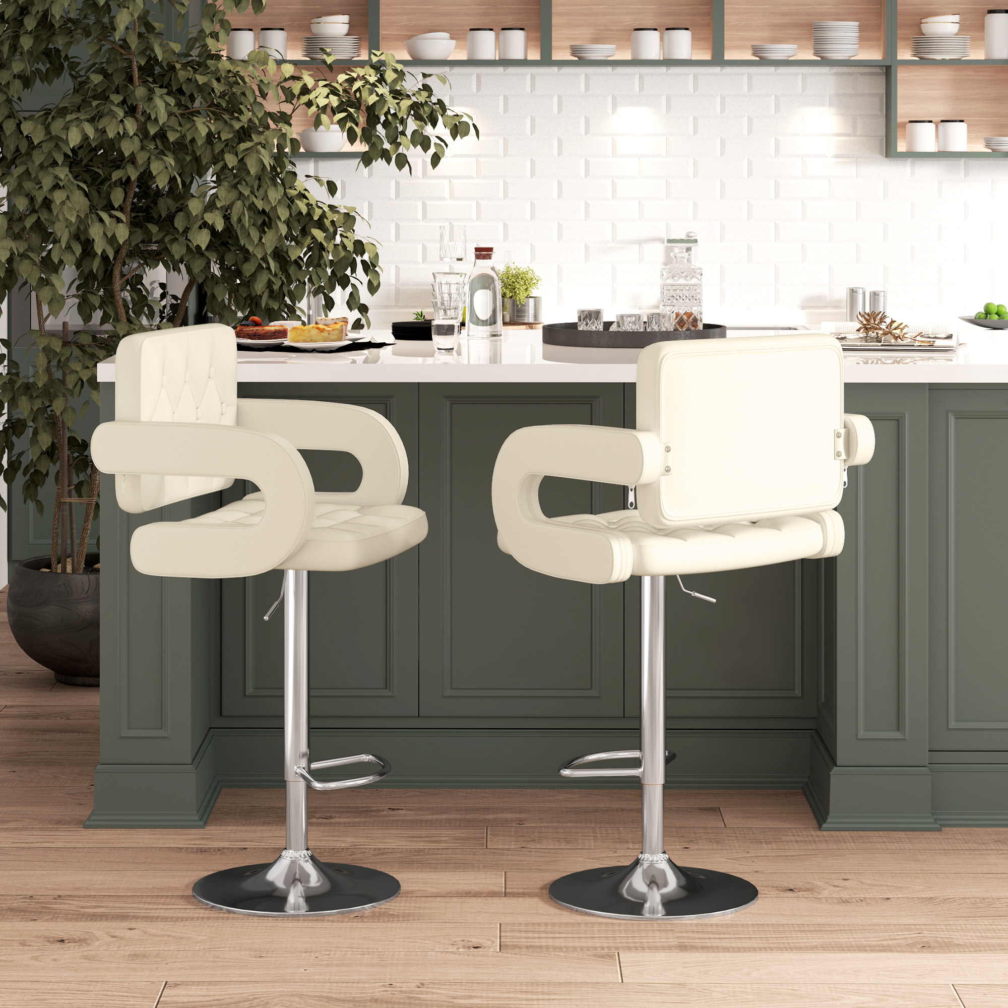 Upholstered Swivel Bar Stool, Set of 2 Height Adjustable Barstool with Back, Armrest, Footrest for Kitchen, White 2