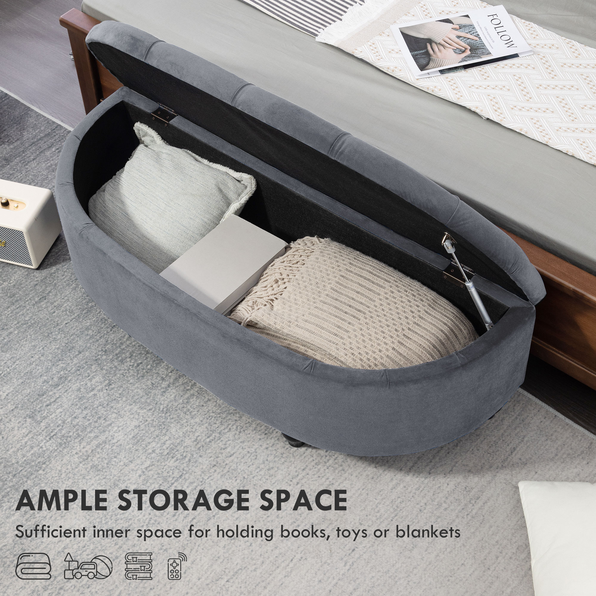 HOMCOM Velvet-Feel Half Circle Storage Ottoman Dark Grey 4