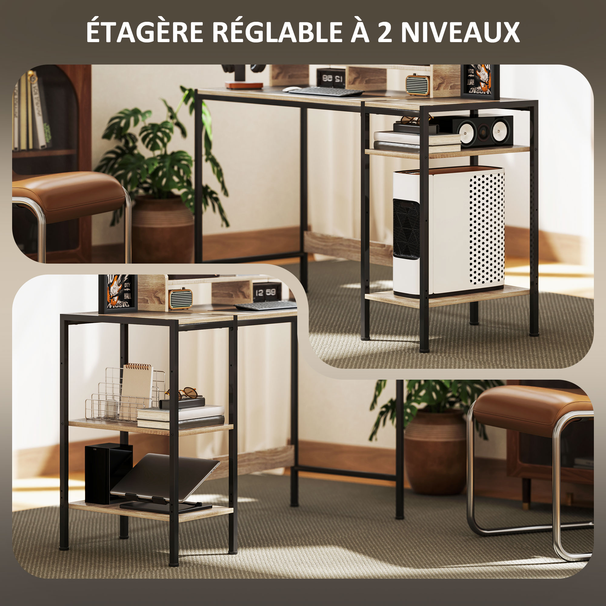 HOMCOM Bureau Ordinateur 120cm Avec Rangement Et Étagères Réglables - Chêne