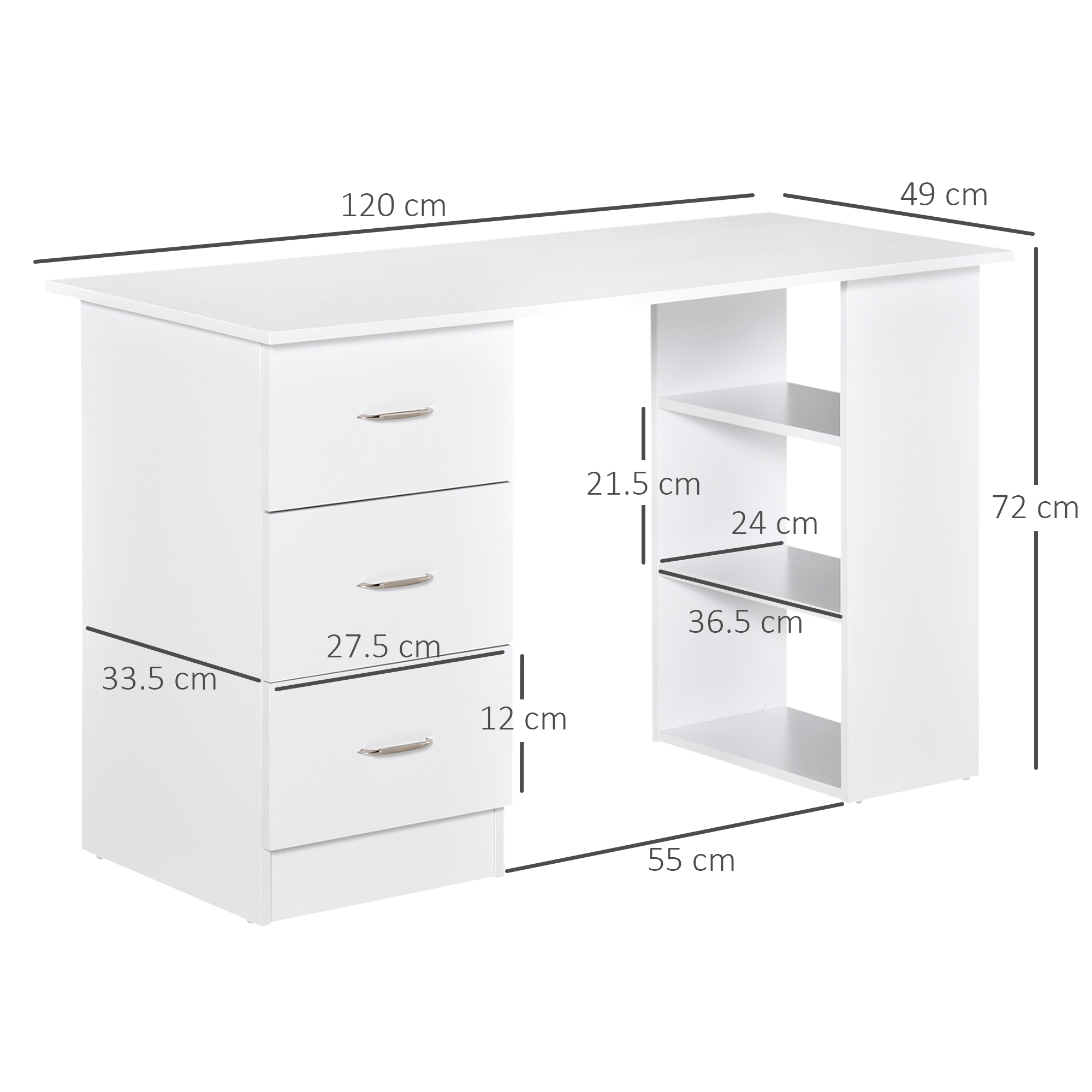 HOMCOM Computer Desk, Writing Table, PC Workstation with 3 Storage Shelves and Drawers, Silver Handle, for Home Office, White 3