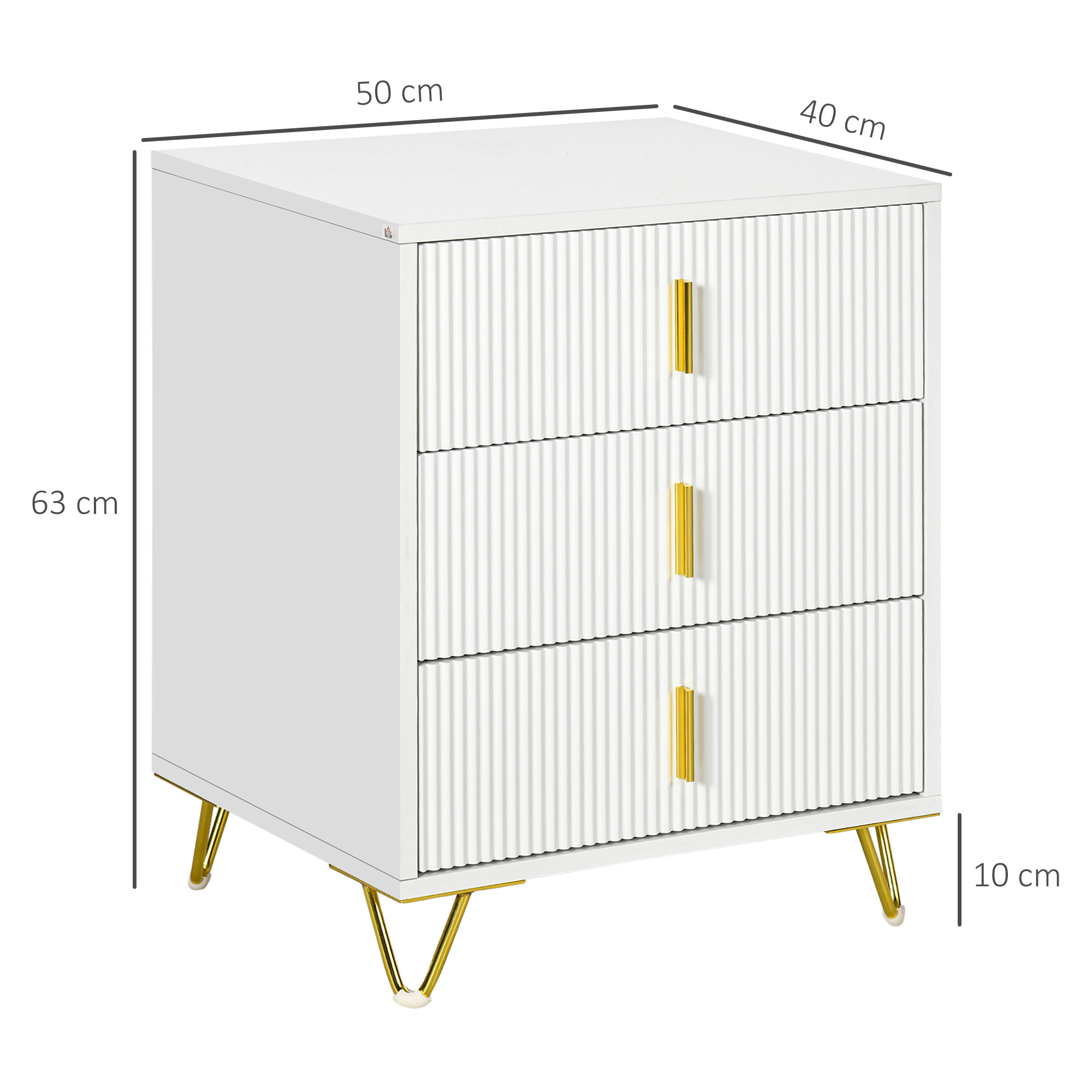 HOMCOM Elegant Chest of Three Drawers White/Gold-Tone 3