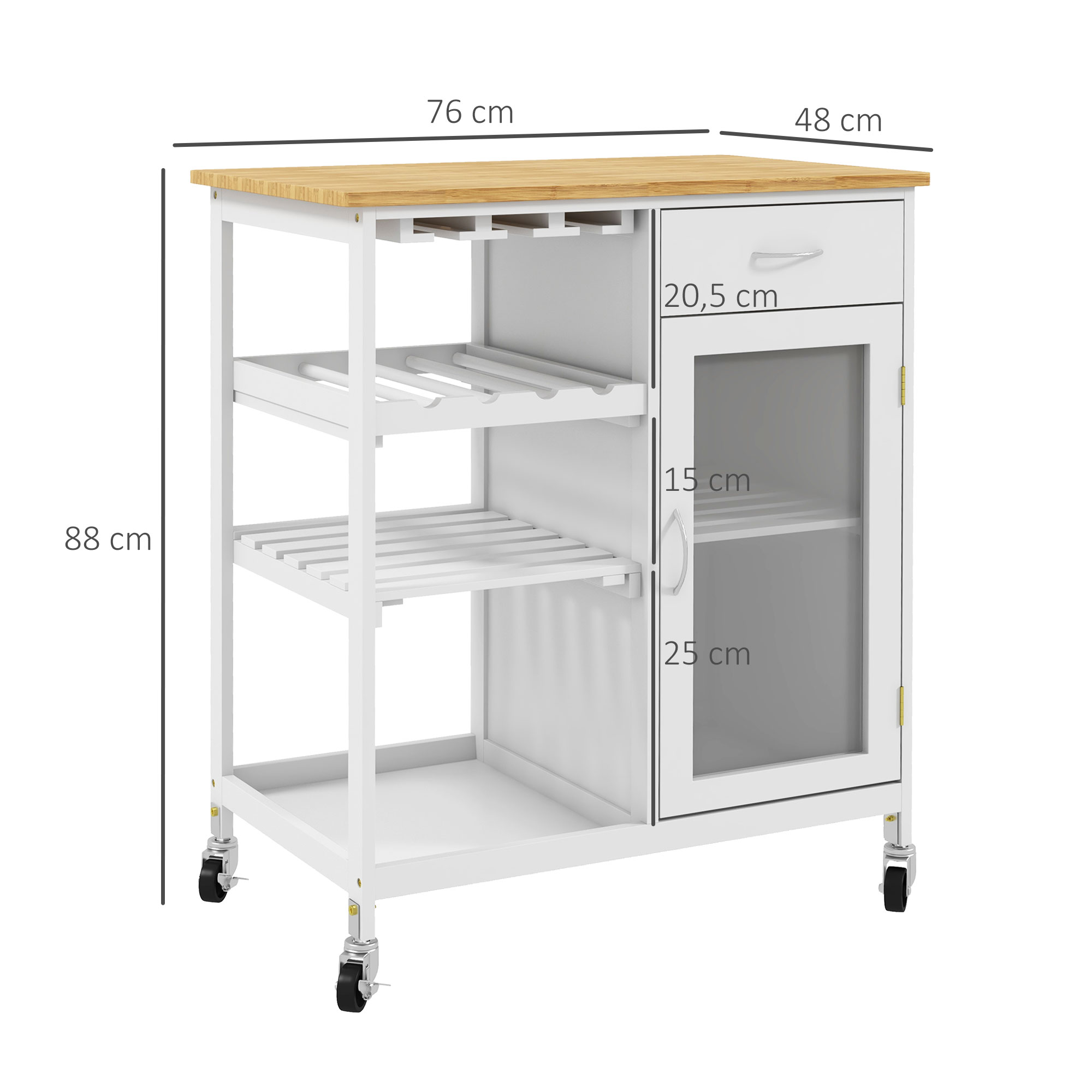 Desserte De Cuisine îlot Central HOMCOM - Plateau Bambou, 2 Tiroirs, 2 Paniers, Porte Vitrée, Roulettes, 67x35x80 Cm