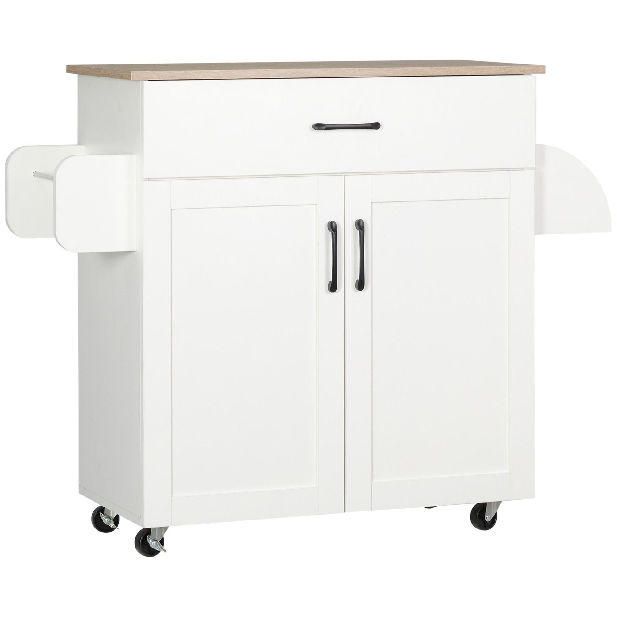 HOMCOM Carro de Cocina Multifuncional con Ruedas, 1 Cajón, 2 Puertas, Barra de Colgar, Especiero 105x36x85 cm Blanco   Aosom España
