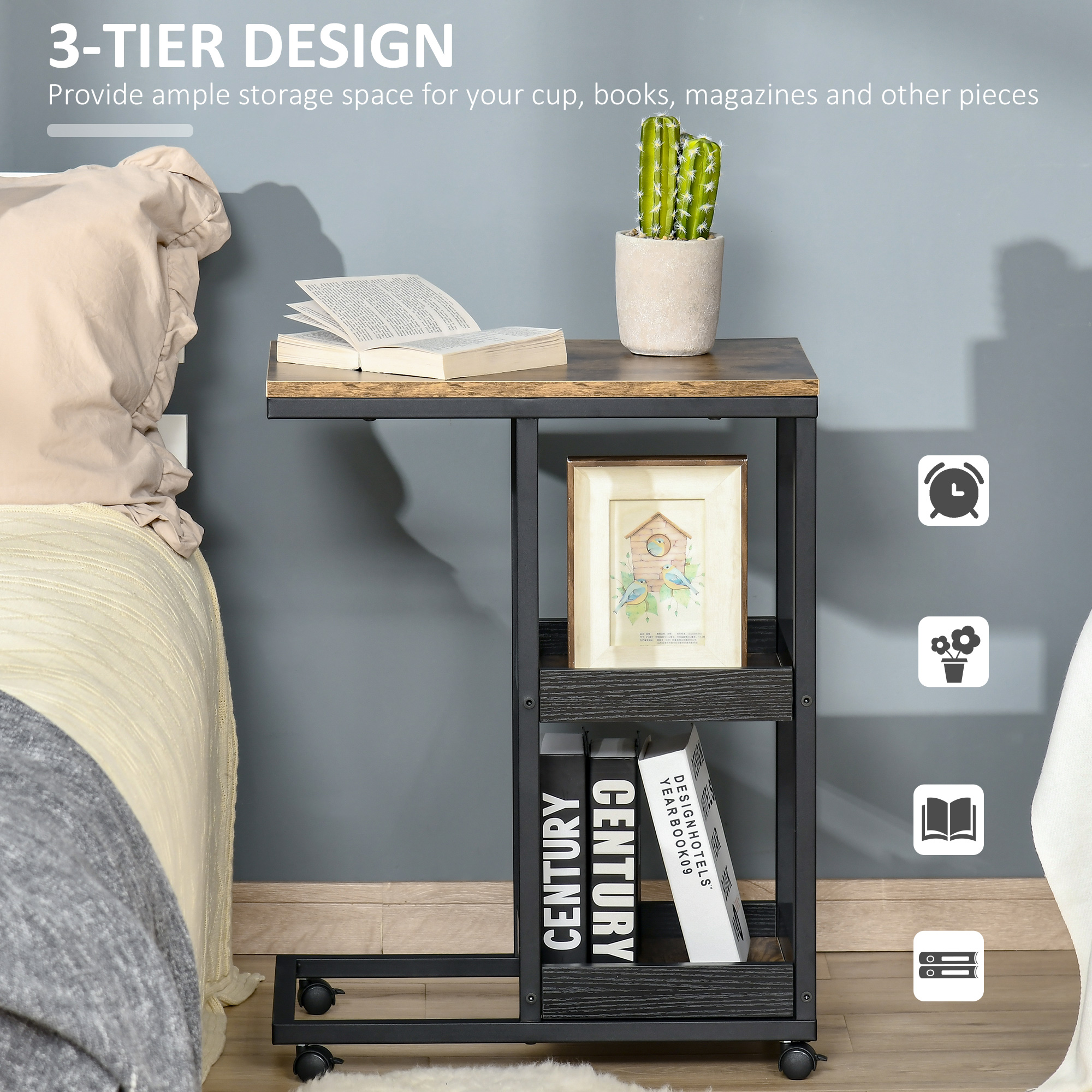 HOMCOM Mobile Sofa Side Table, Industrial C-Shaped Rolling Table with 3-Tier Storage Shelving, Four Lockable Wheels Steel Frame, Dark Brown 5