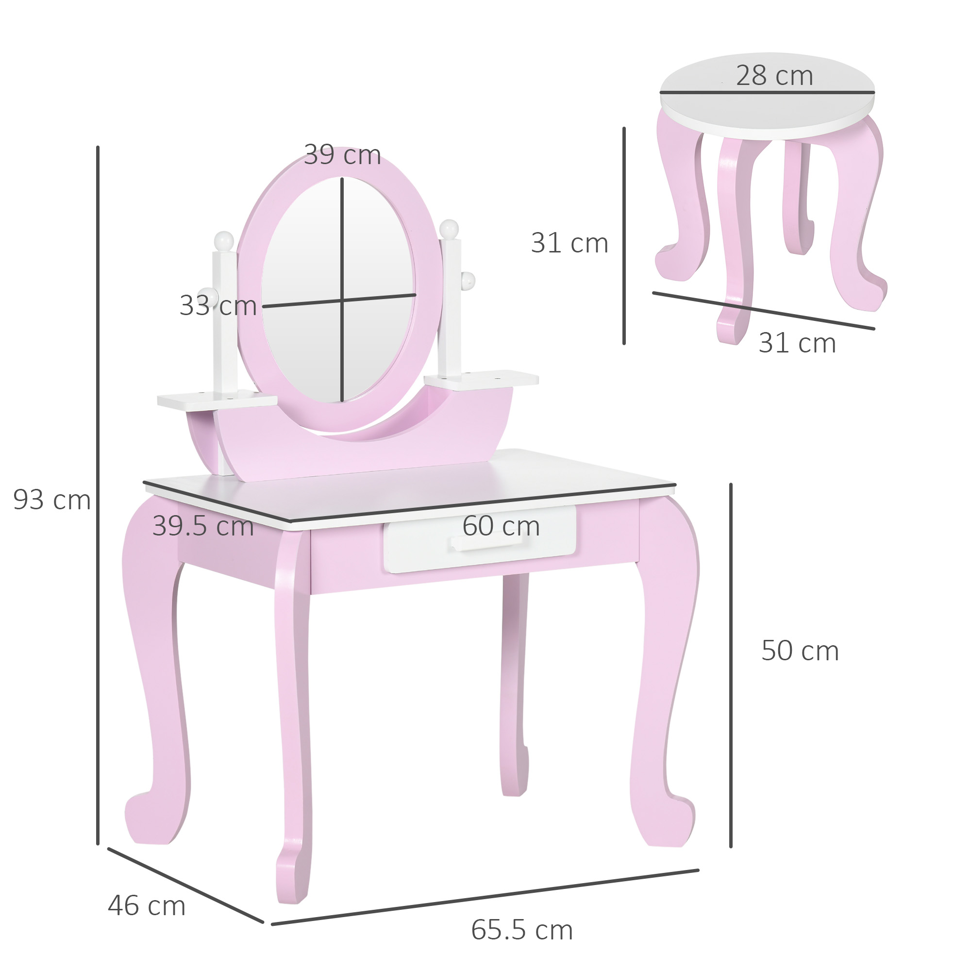 ZONEKIZ Kids Dressing Table Set, with Mirror, Stool, for Ages 3-6 Years Pink 3