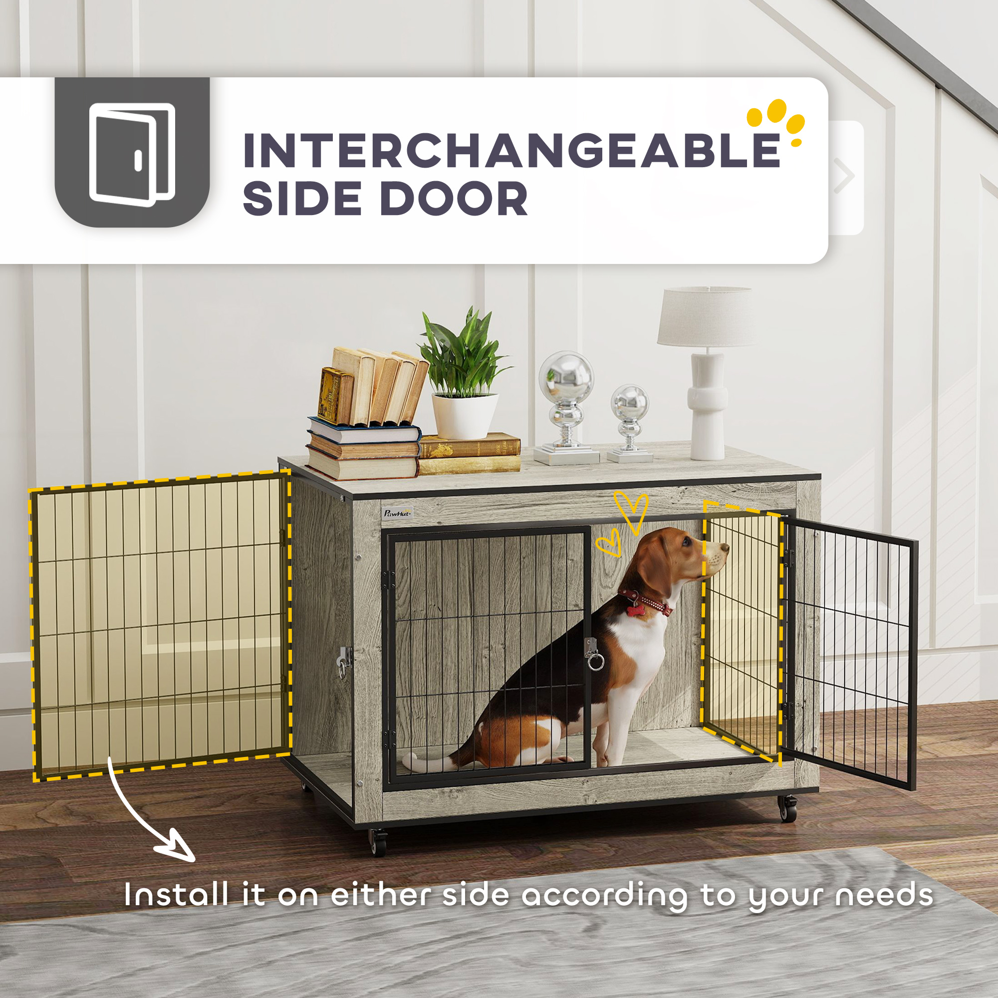 PawHut Dog Crate Furniture with Wheels, Double Doors, for Medium Dogs, Grey 5