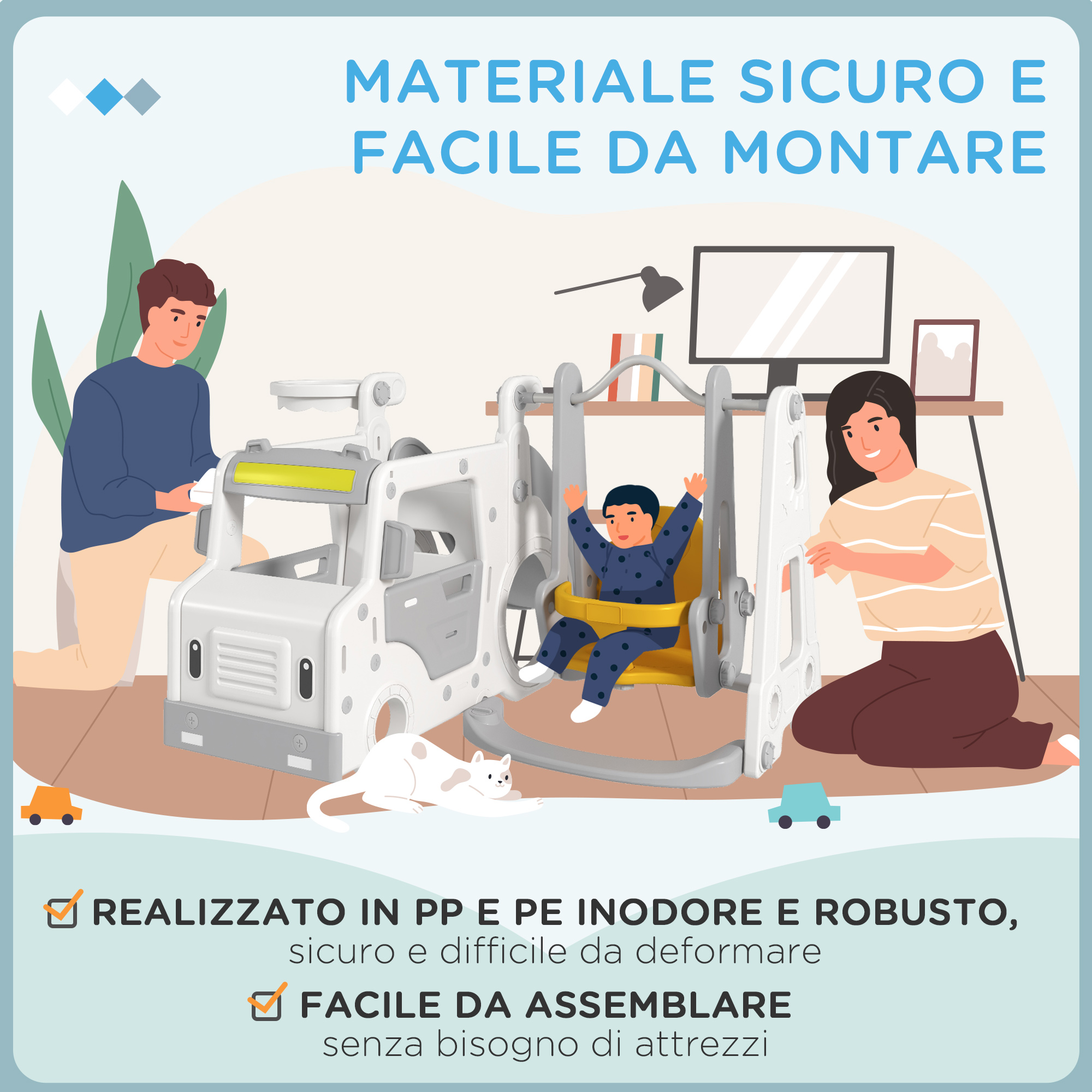 Scivolo 3 In 1 Per Bambini AIYAPLAY Con Canestro – Design Giraffa – Da 1 A 3 Anni – 106x51,5x52 Cm