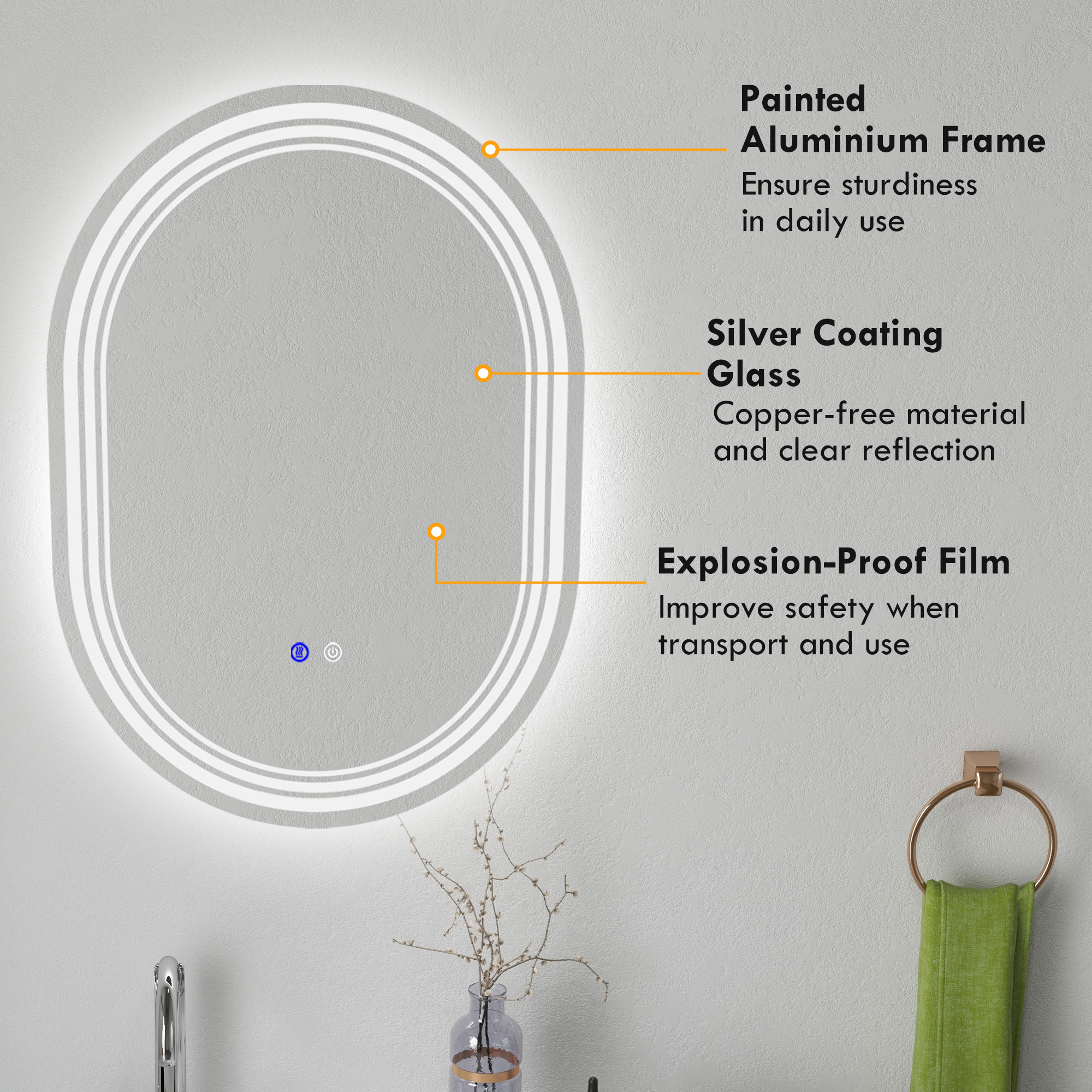 kleankin 700 x 500mm Bathroom Mirror with LED Lights Makeup Mirror with Anti-fog Touch, Switch, Vertical or Horizontal 7