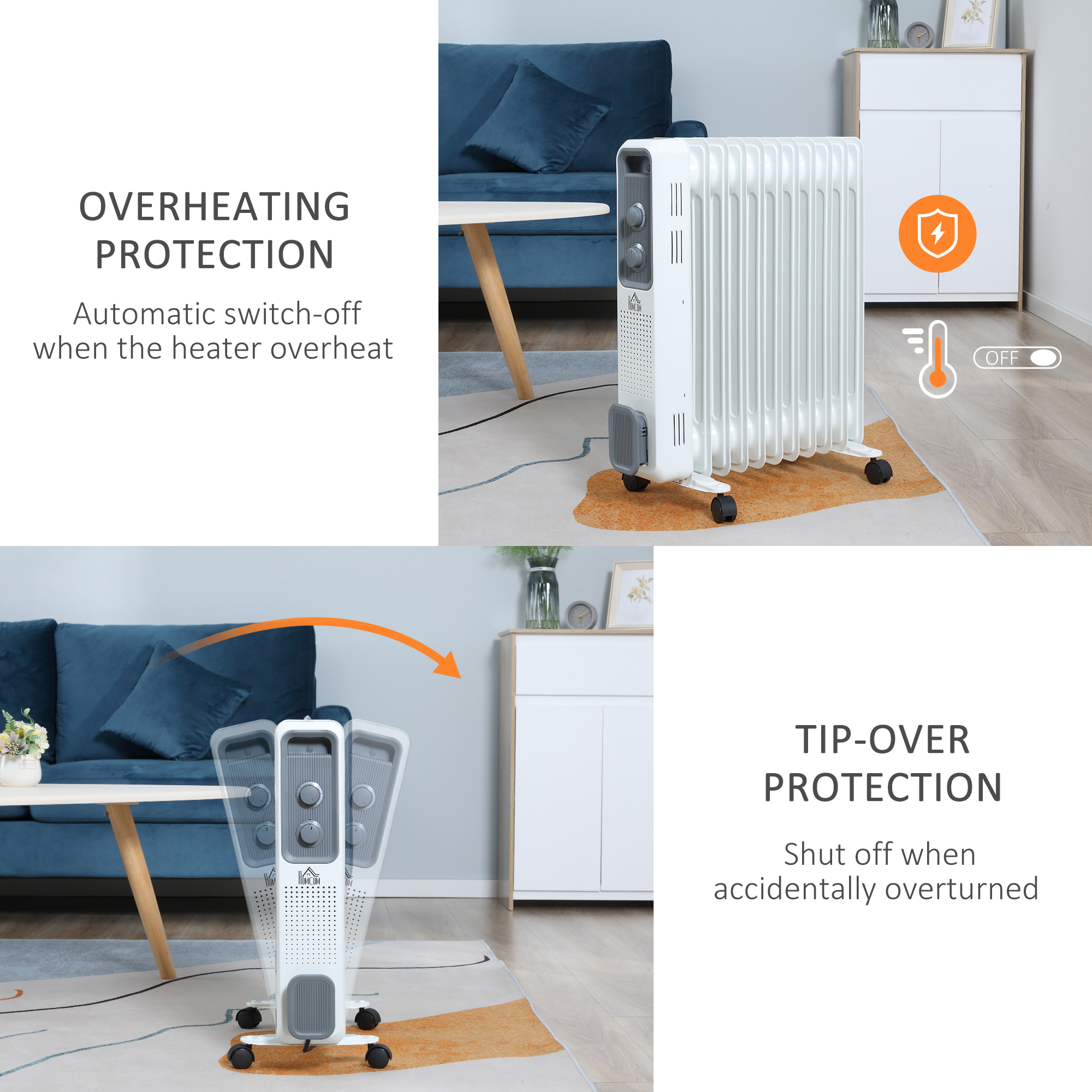 HOMCOM 2500W Oil Filled Radiator, 11 Fin, Portable Electric Heater with 3 Heat Settings, Safety Cut-Off and Wheels, White 4