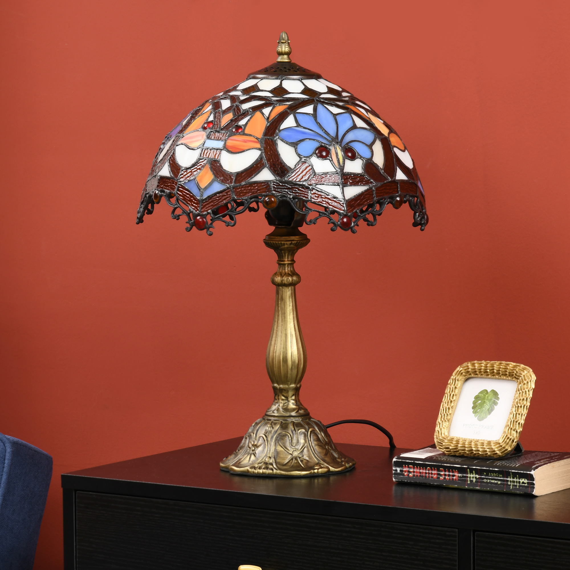 HOMCOM Stained Glass Table Lamp, Handcrafted Artisan Collectible, Suitable for Living Room and Bedside, Multi-Coloured, Ф30 x 48Hcm, Zinc Alloy. 6
