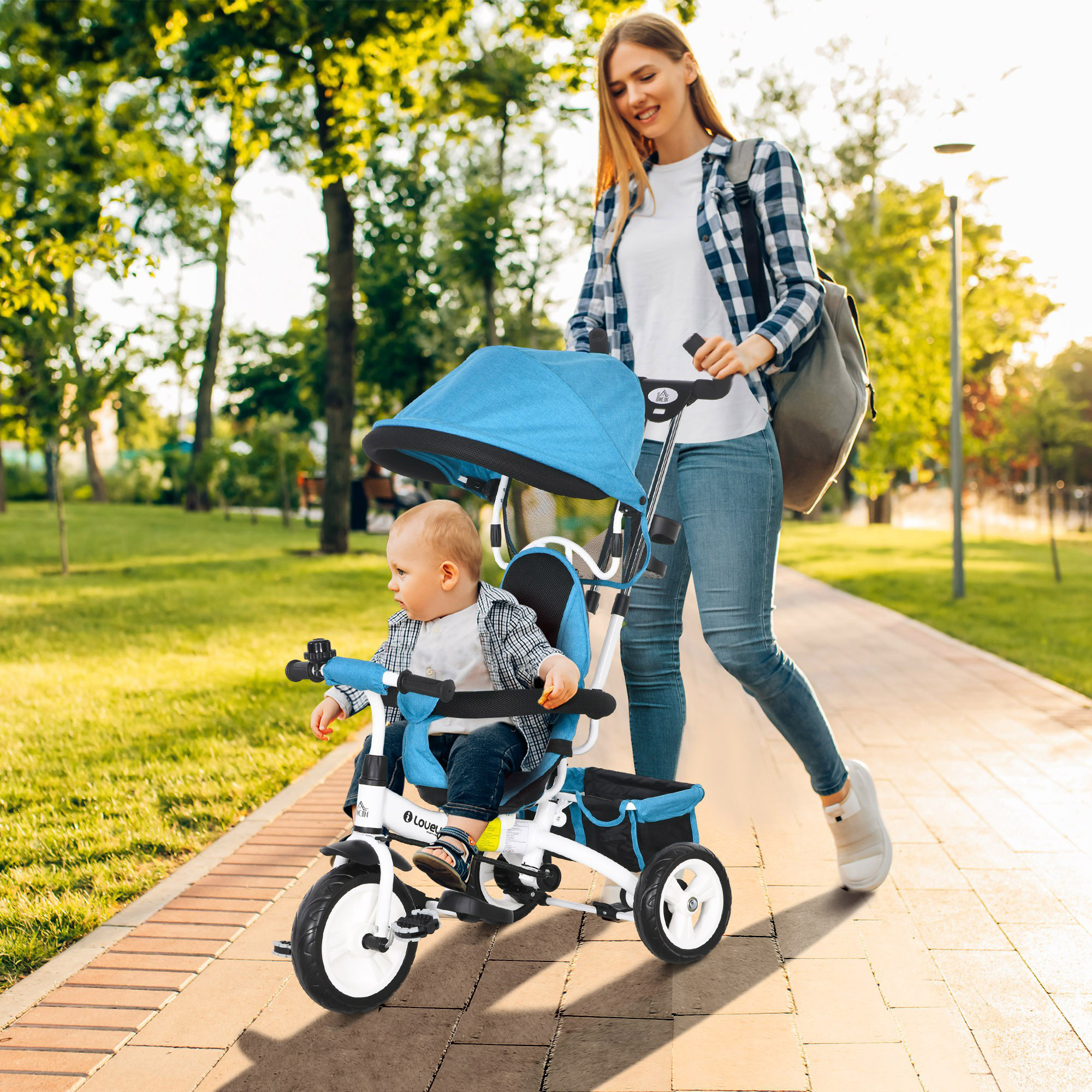 HOMCOM 6 in 1 Kids Trike Push Bike w/ Push Handle, Canopy, 5-point Safety Belt, Storage, Footrest, Brake, for 1-5 Years, Blue 2