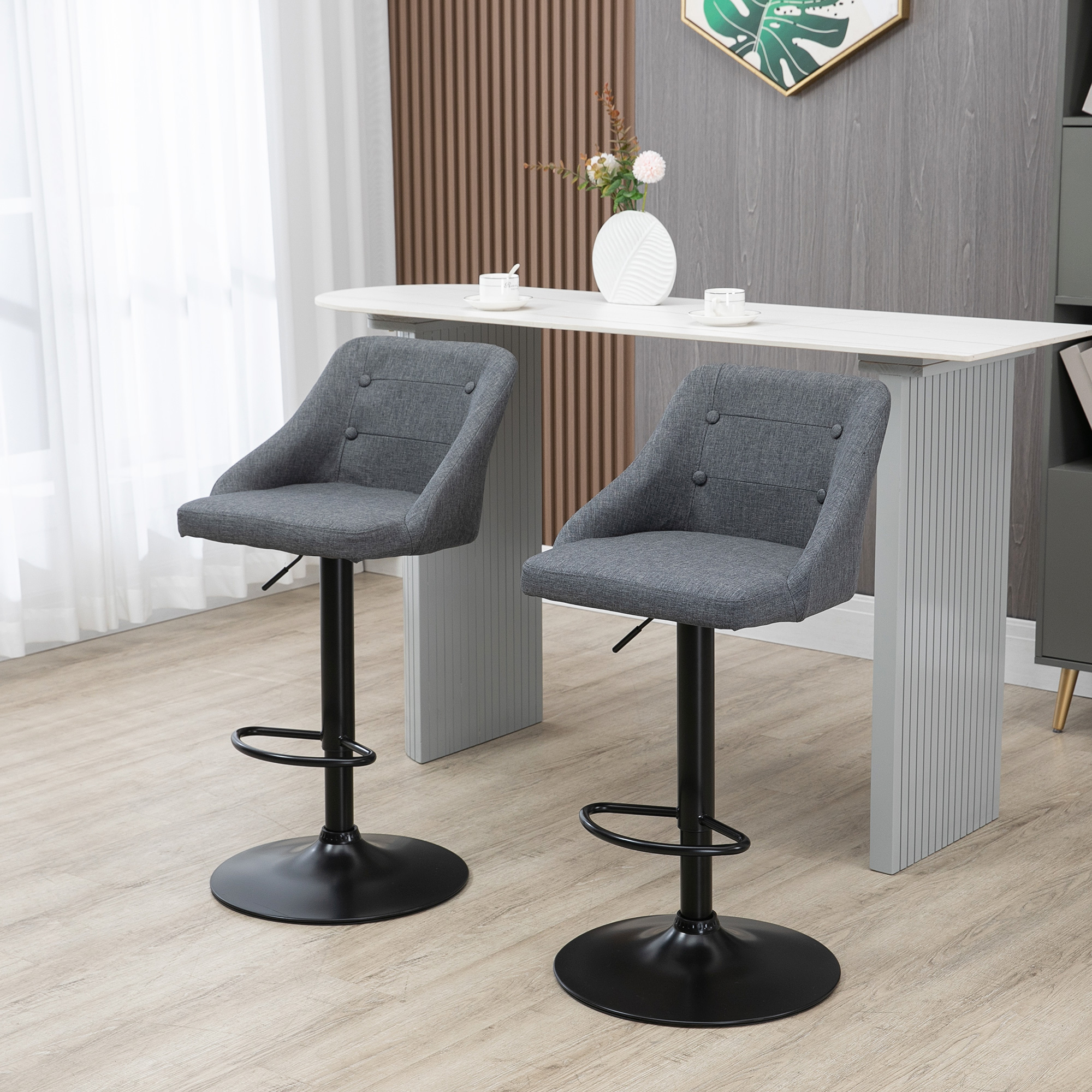 HOMCOM Modern Adjustable Bar Stools Set of 2, Swivel Fabric Barstools with Footrest, Armrests and Back, for Kitchen Counter and Dining Room, Dark Grey 2