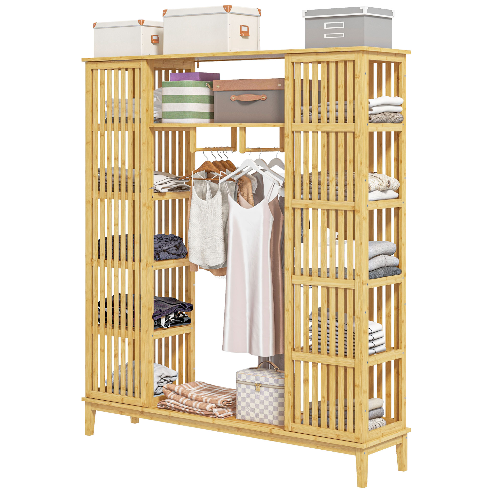 HOMCOM Armoire en bambou avec 2 portes coulissantes, étagères et tringle, grande armoire pour la chambre, 145 x 35 x 165cm