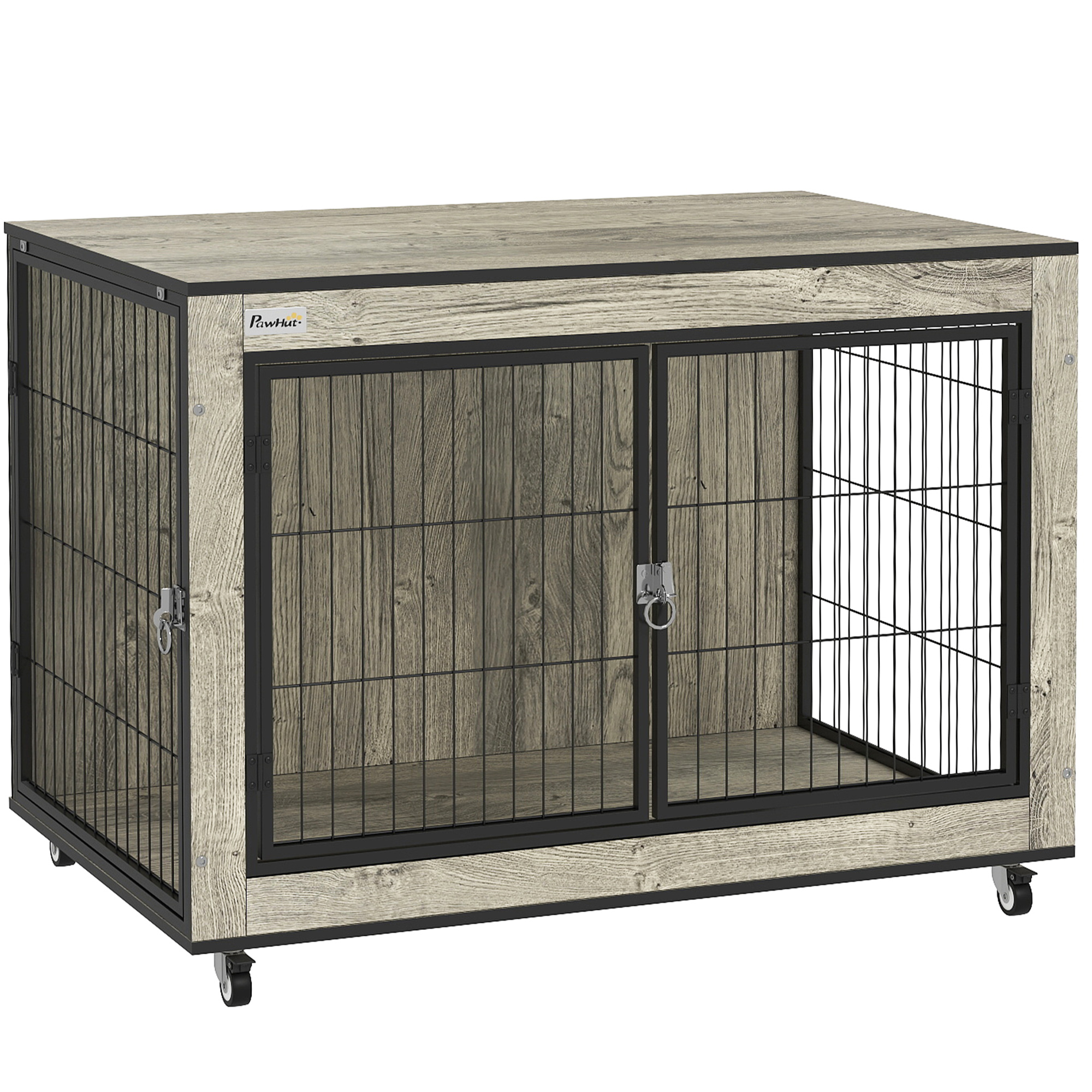 PawHut Corner Dog Crate Furniture with Two Bowls, Lockable Doors, for Small, Medium Dogs, Rustic Brown