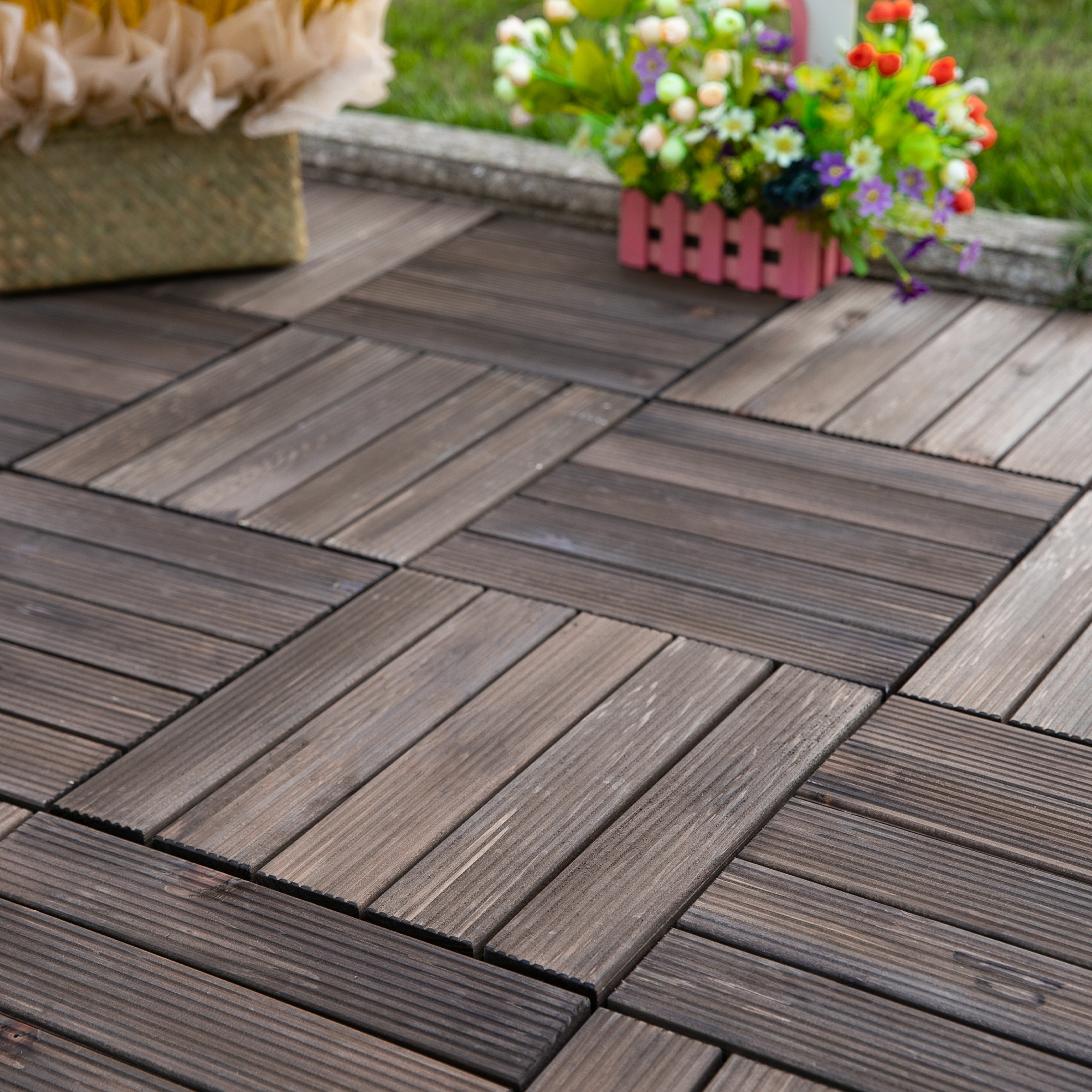 Outsunny 27 Pcs Solid Wood Interlocking Decking Tiles For Patio, Balcony, Roof Terrace, Hot Tub, Black, (30 x 30 cm Per Piece) 2
