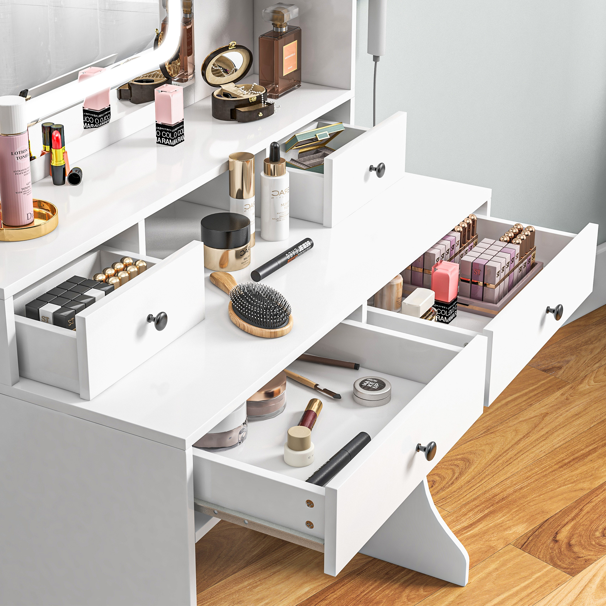 Tavolo trucco con specchio cassetti e sgabello color legno Homcom | Maisons du Monde