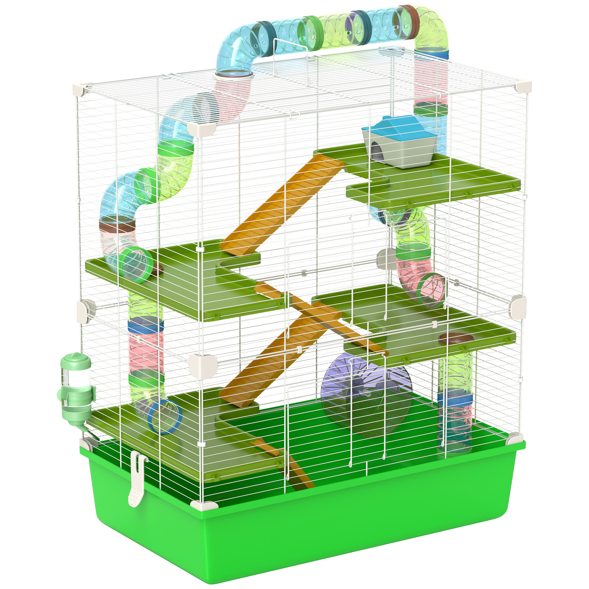 PawHut Hamster Cage w/ Water Bottle, Exercise Wheel, Tubes, Ramps - Light Blue